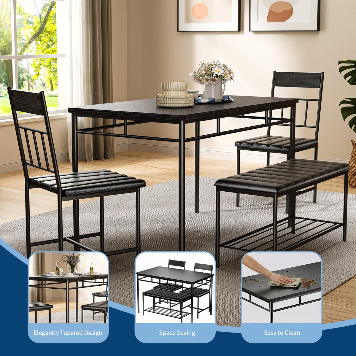 IDEALHOUSE 4-Piece Modern Dining Table Set, Kitchen Table with Upholstered Chairs and Bench, Kitchen Table Set for Small Space, Apartment, Home, Studio