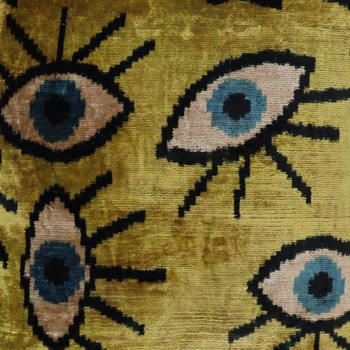 CANVELLO Handmade Velvet Ikat Evil Eye Throw Pillow – 16x16 Inch Luxury Decorative Cushion with Down Insert – Bohemian Home Décor Accent for Sofa & Bed (Gold & Blue)