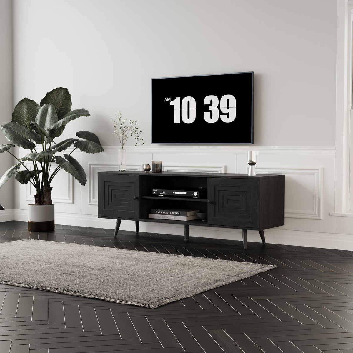 LZLUOB Modern TV Stand with Storage Cabinet, Wood Fashionable TV Cabinet with Waveform Panel and Adjustable Shelf, Entertainment Center TV Stand for TV, Living Room (Advanced Black