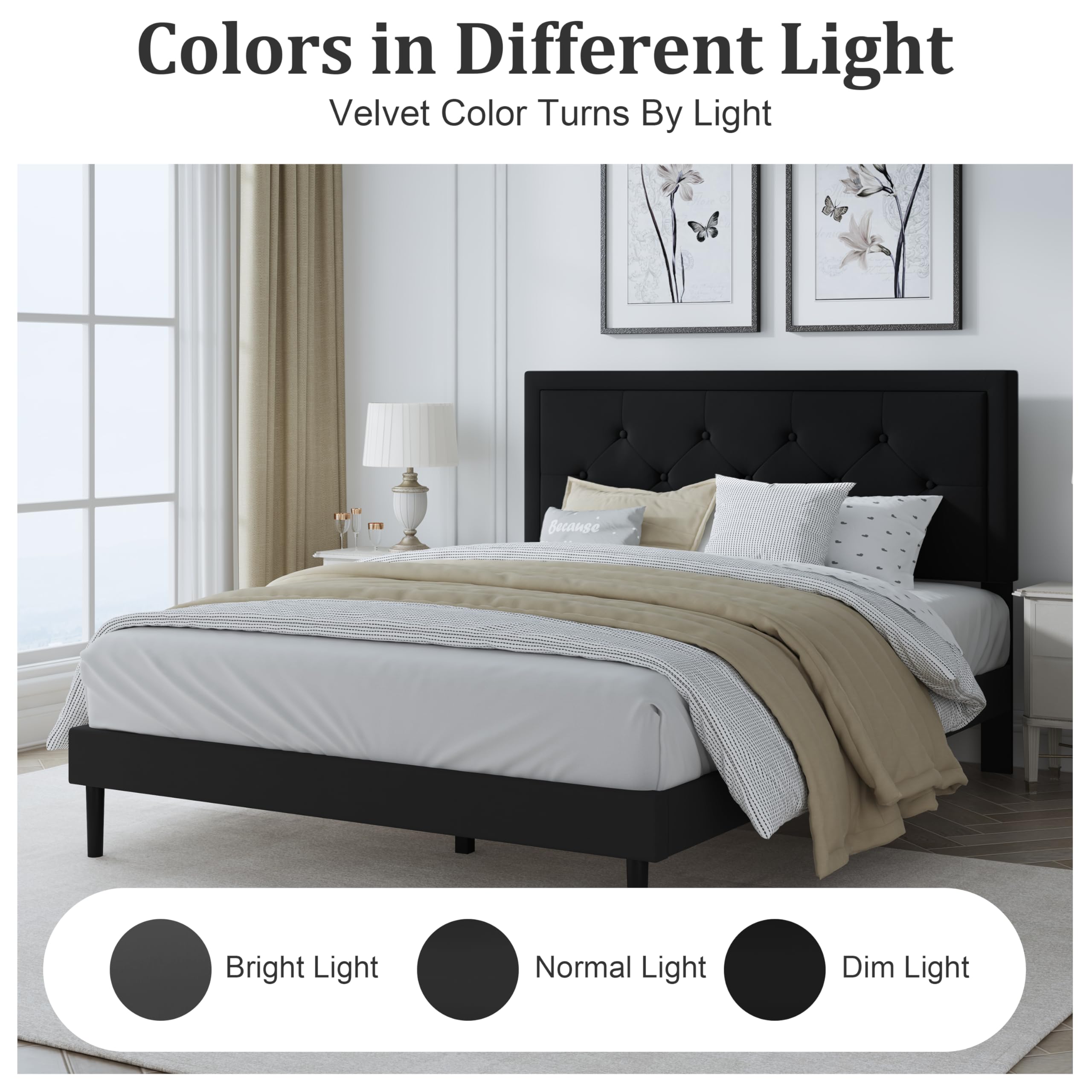 IOILORI Full Size Bed Frame with Upholstered Velvet Headboard, No Box Spring Needed, Button Tufting Design, Strong Wooden Slat, Black