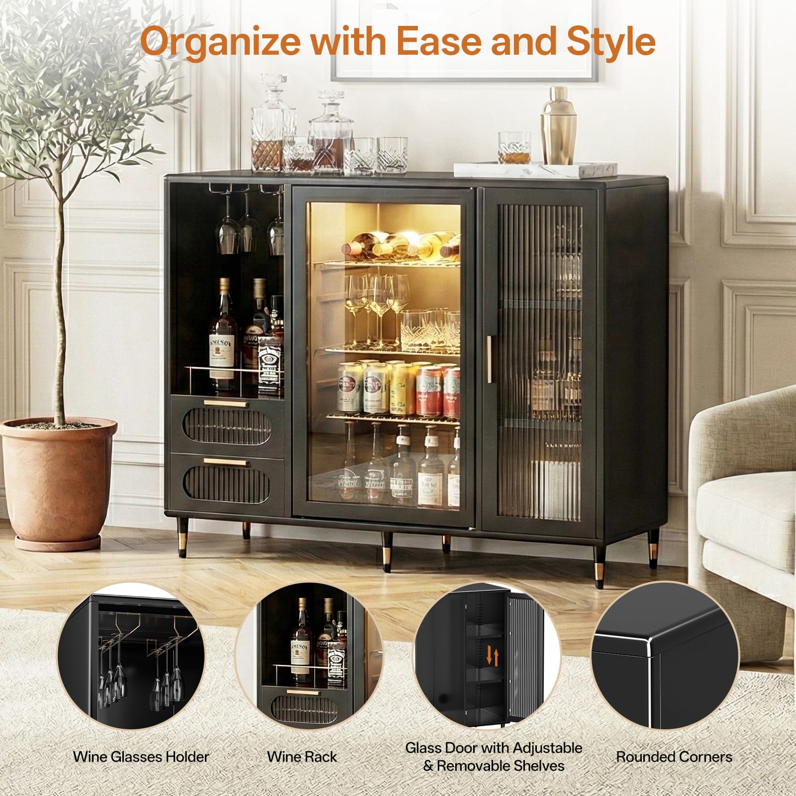 AUN Large Coffee Bar Cabinet with Fridge Space, Modern Luxury Coffee Bar Cabinet with Gold Accents, Wine Glass Rack & Glass Doors, 47.2-Inch Wide Multipurpose Display Storage Cabinet for Home, Black