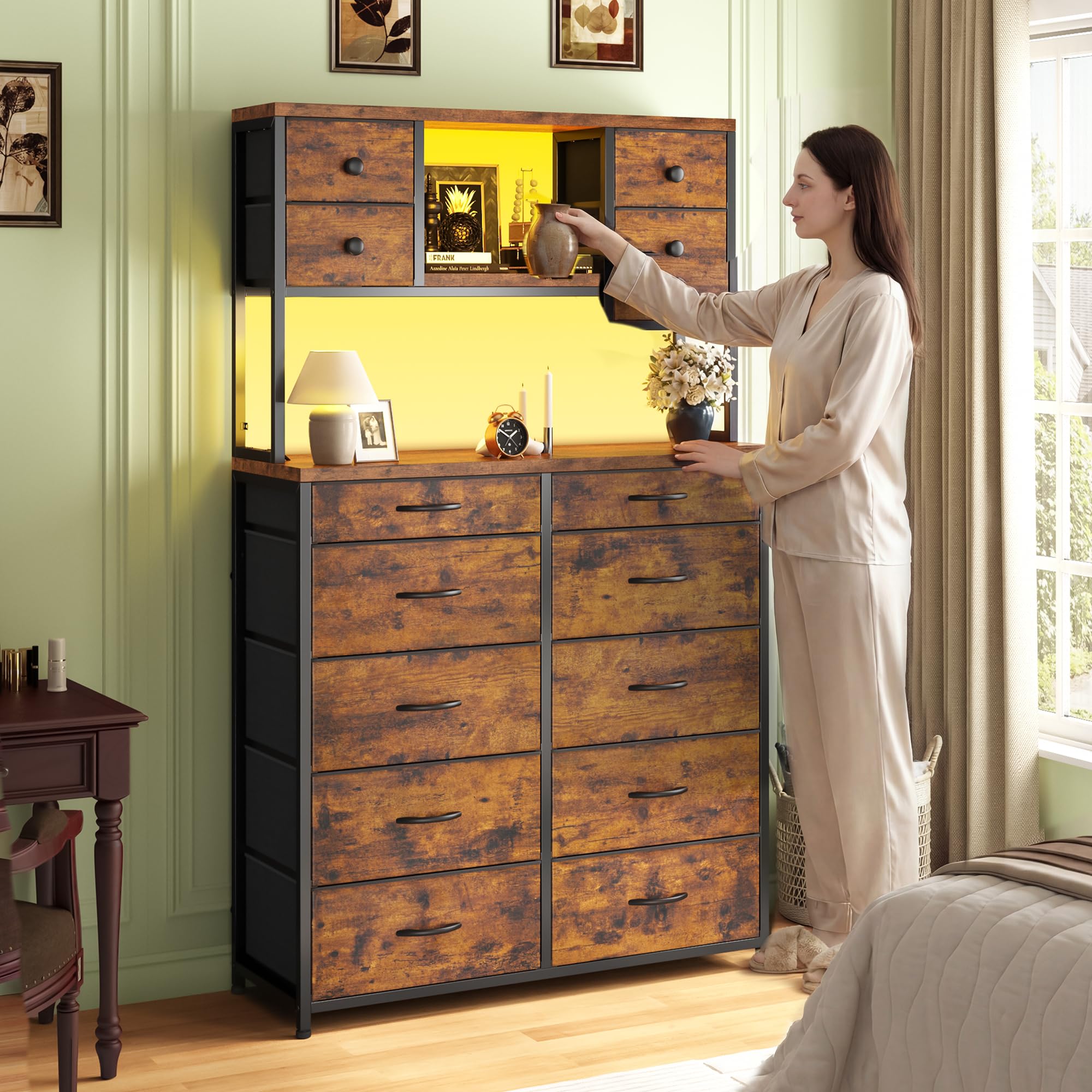 62“H Dresser for Bedroom with Large Drawers,Dressers & Chests of Drawers Featuring LED Light and Charging Ports,Sturdy Fabric Drawers with Open Storage Shelves, Wood Top,Steel Frame(Rustic Brown)