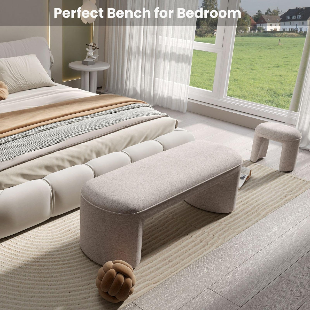 Chenille Bench with Nesting Ottomans