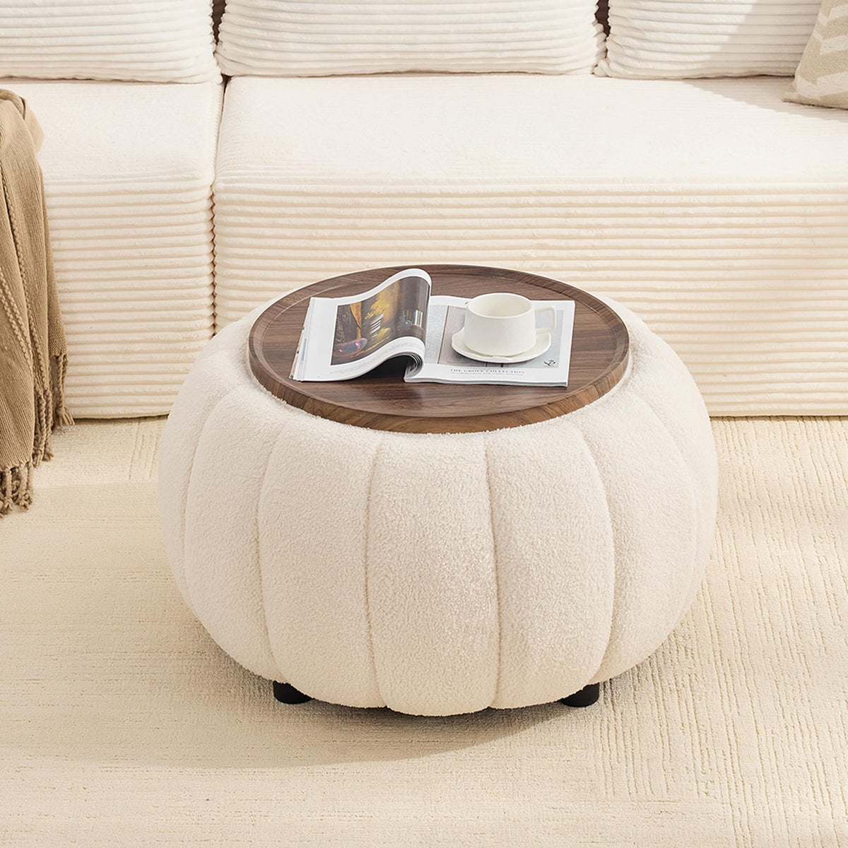 Beige Round Storage Ottoman