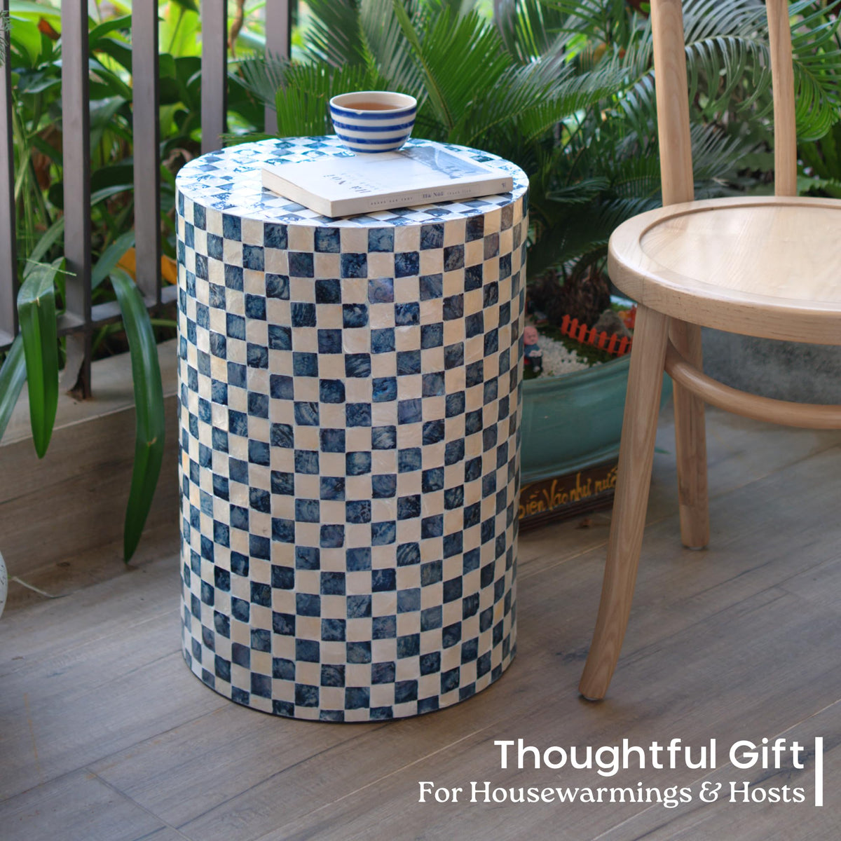 Checkered Capiz Drum Side Table
