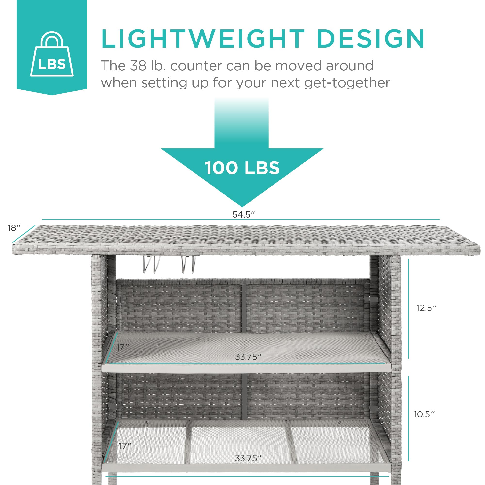 Best Choice Products Outdoor Patio Wicker Bar Counter Table Backyard Furniture w/ 2 Steel Shelves and 2 Sets of Rails - Gray