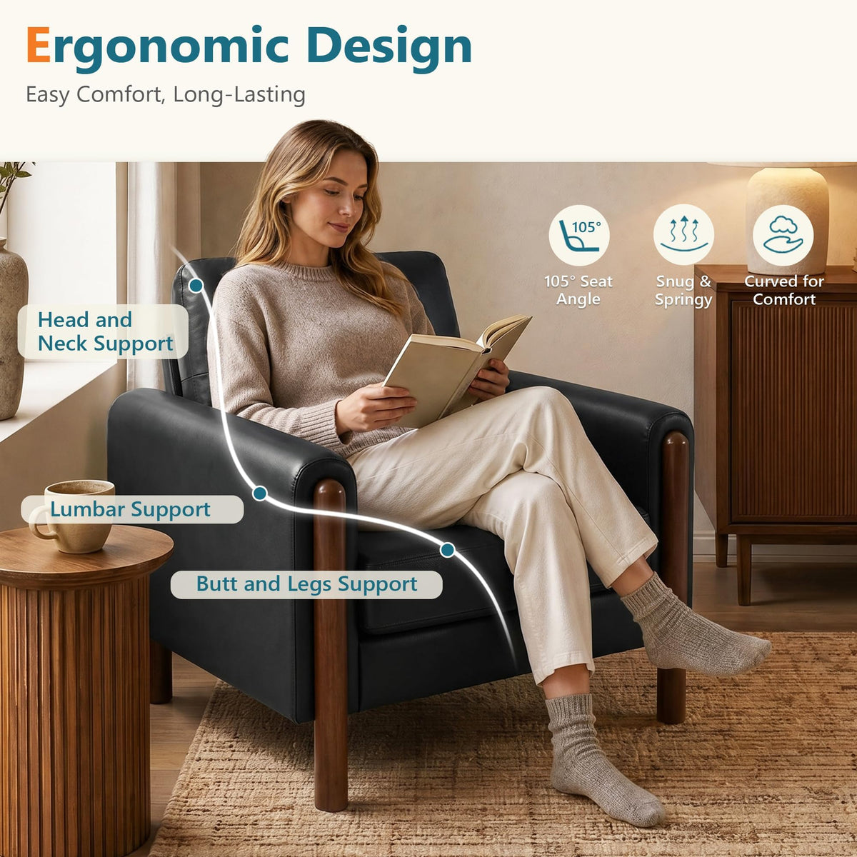 STHOUYN 35" Black Leather Oversized Accent Chair with Wood Armrests, Mid-Century Modern Tufted Living Room Chair, Comfy Reading Sofa Chair with Lumbar Support & Thick Cushion Waiting Room Office