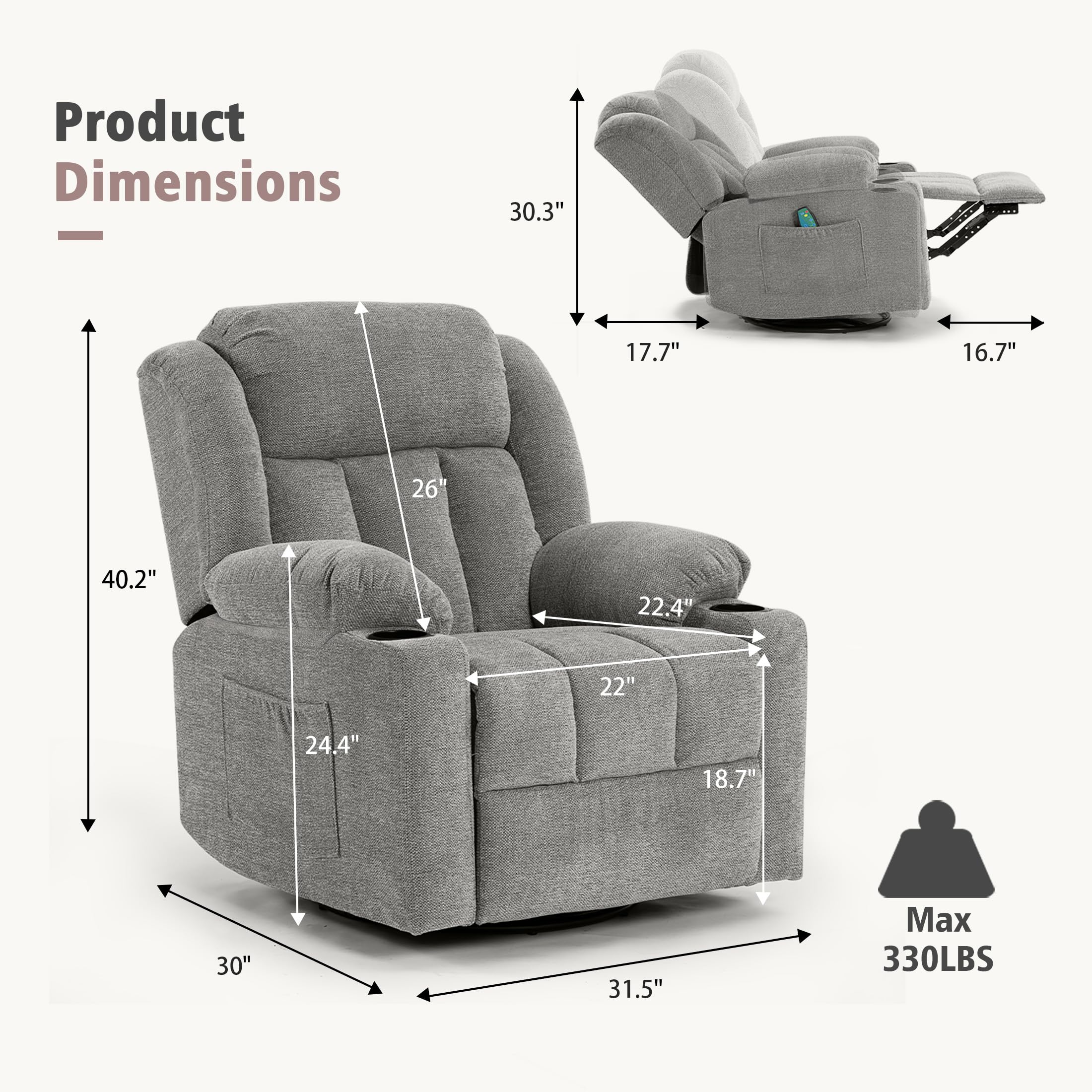 Rocker Swivel Recliner Chair with Massage & Heat
