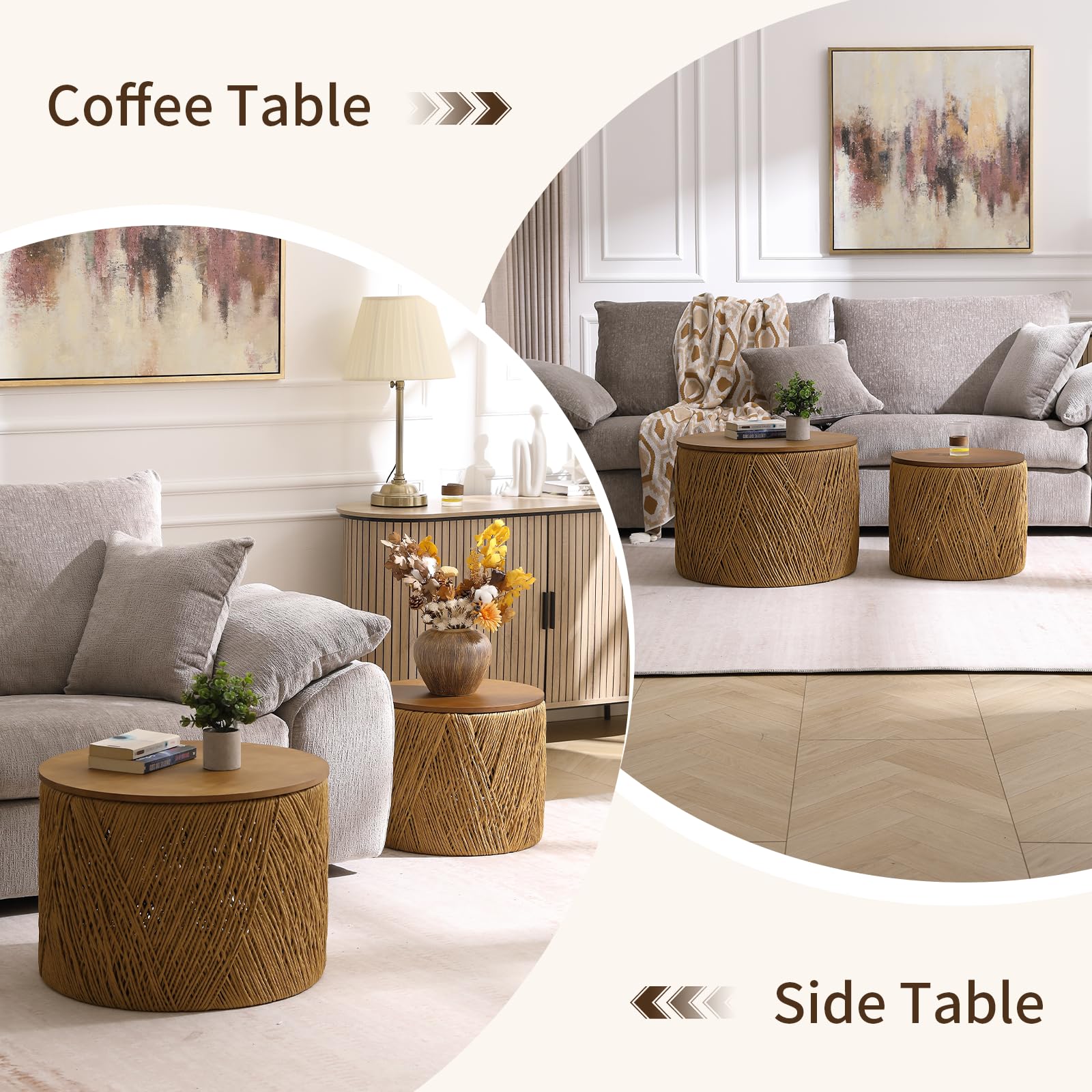 Round Nesting Coffee Table Set with Rattan Storage