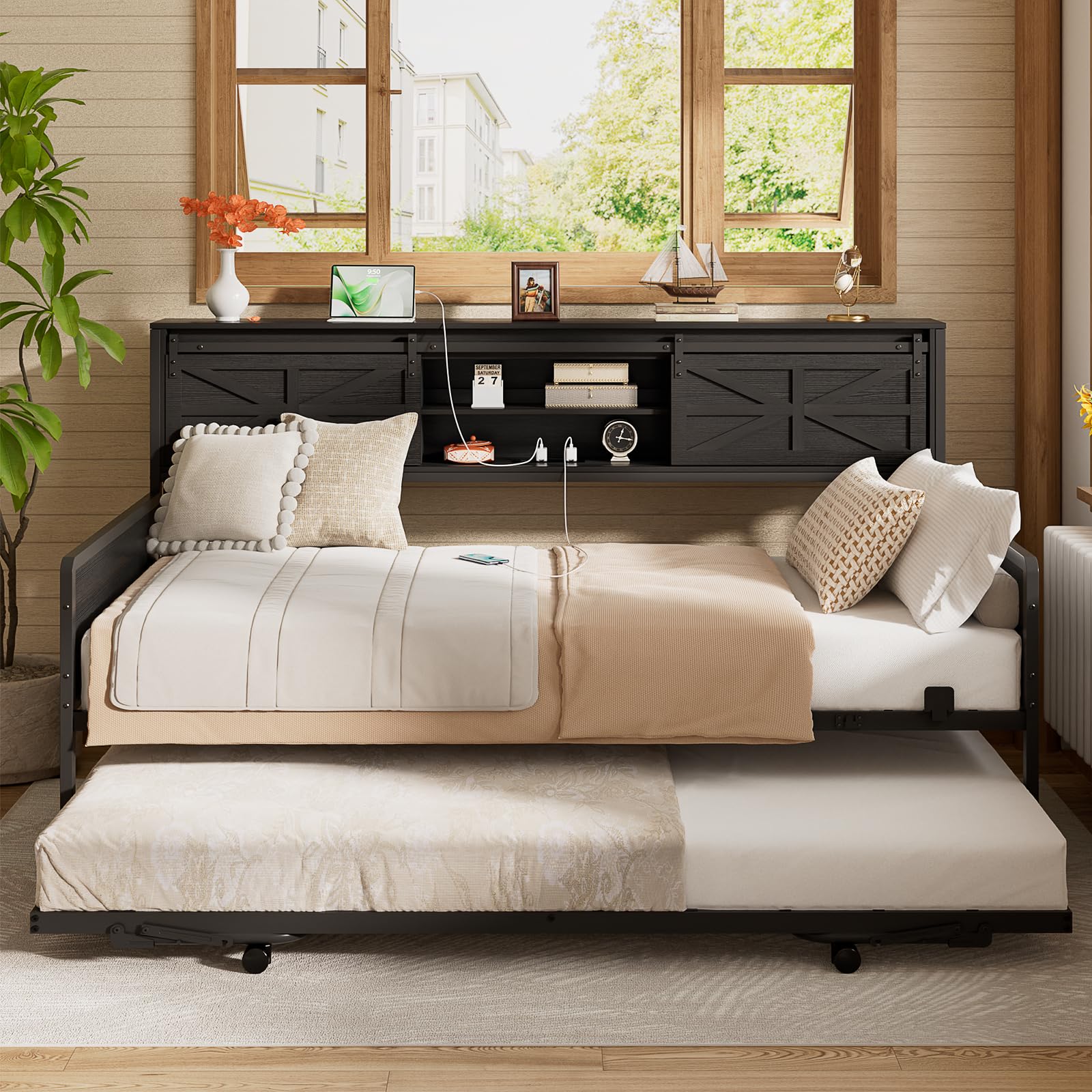 Homieasy Twin Daybed with Pop Up Trundle, Farmhouse Twin Bed with Bookcase Headboard and Charging Station, Black