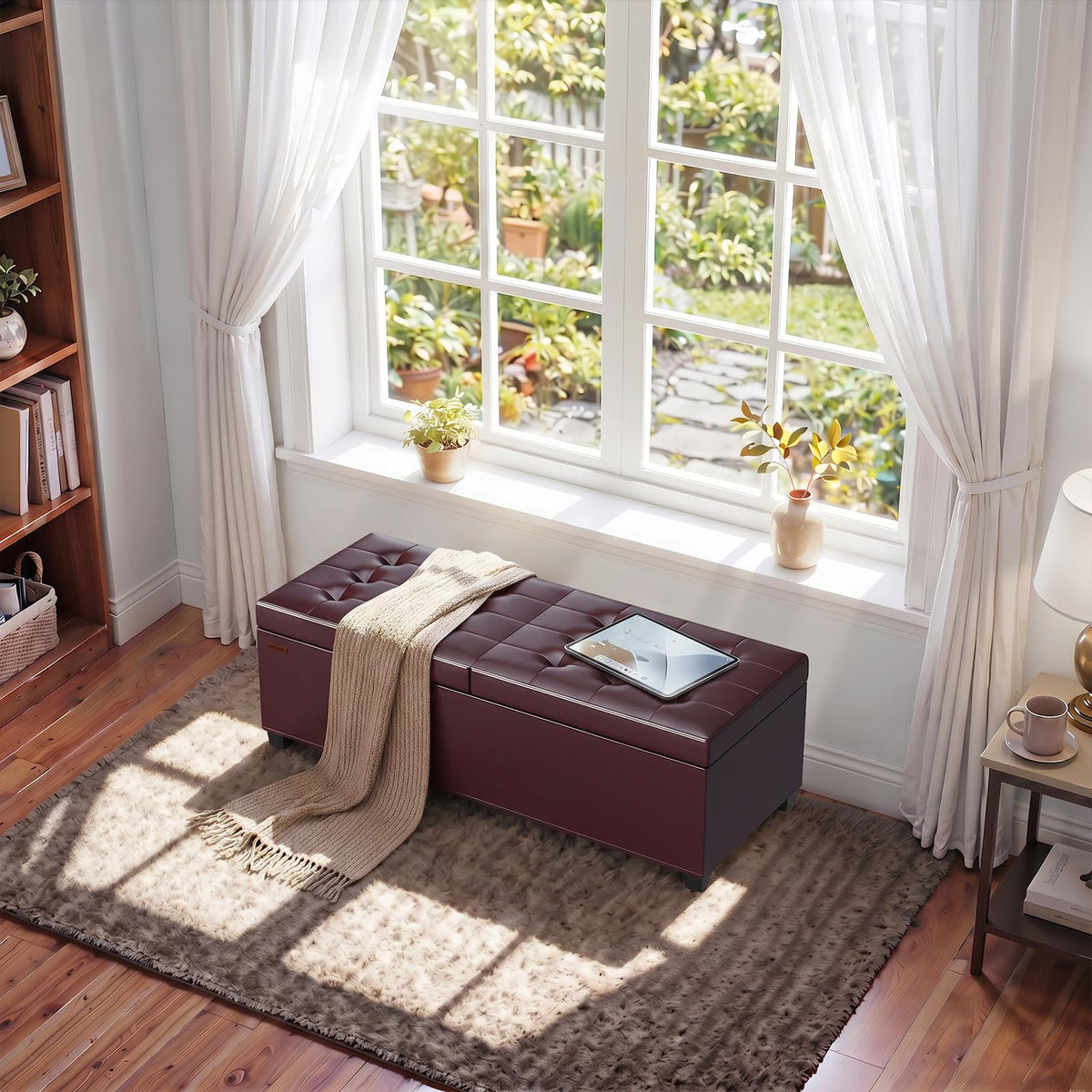 Burgundy Storage Ottoman Bench