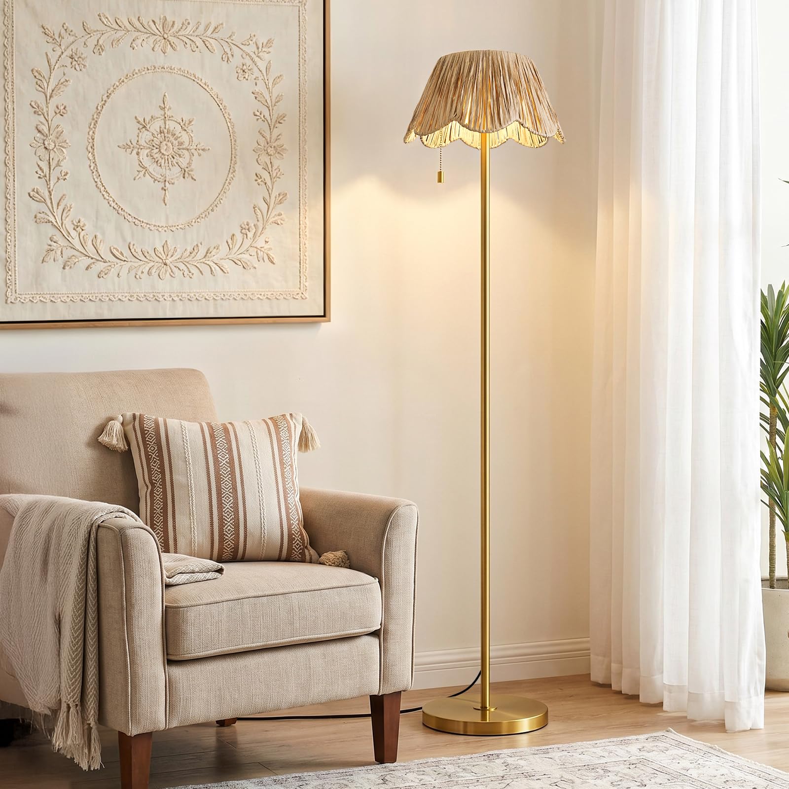 OYEARS 65" Boho Floor Lamps for Living Room, Rattan Floor Lamp, Pull Chain Switch, Gold Standing Lamp with Hand-Woven Shade, Farmhouse Tall Lamps for Nursery, Metal Base&Pole, Bulb not Included, Gold
