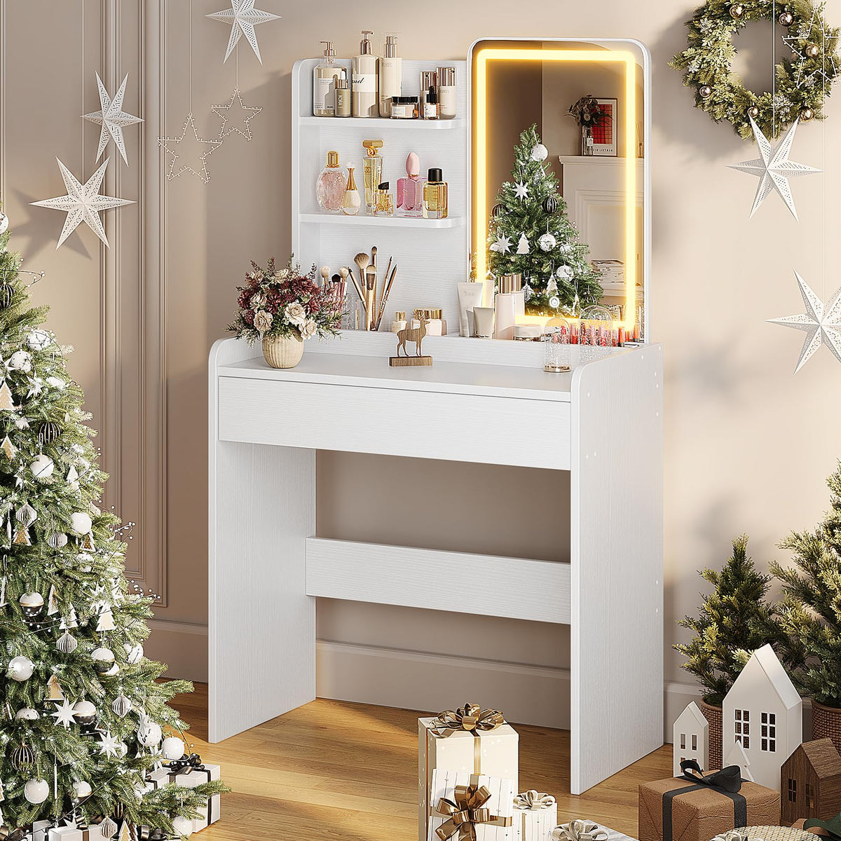 Memobarco White Small Makeup Vanity Desk with Drawer & Storage Shelves