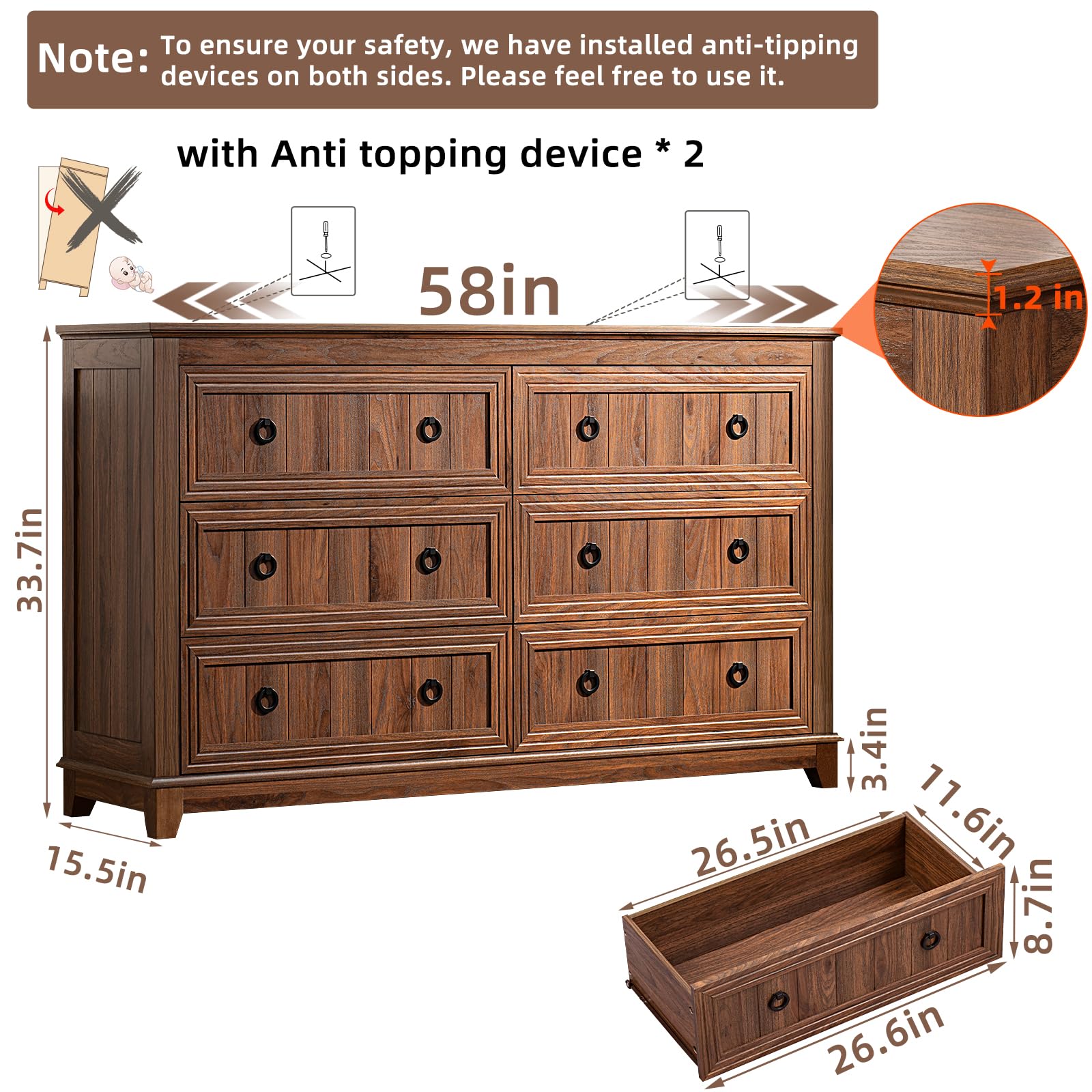 6-Drawer Dresser & Nightstand Set with Charging Station