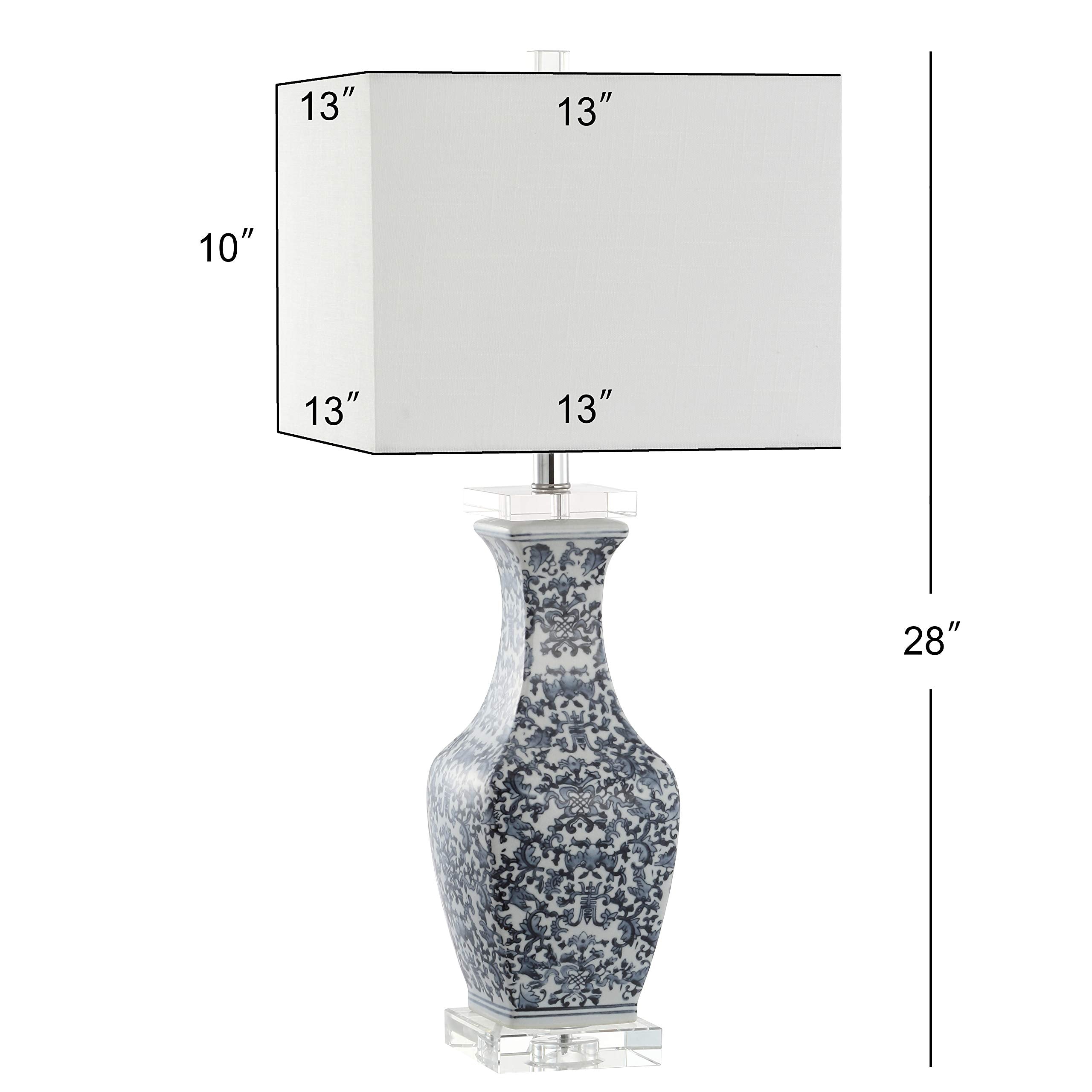 JONATHAN Y 28" Blue and White Ceramic LED Table Lamp, Chinoiserie Hand-Painted Pattern with Crystal Base, White Square Linen Shade for Bedroom, Living Room, LED Bulb Included JYL5046A