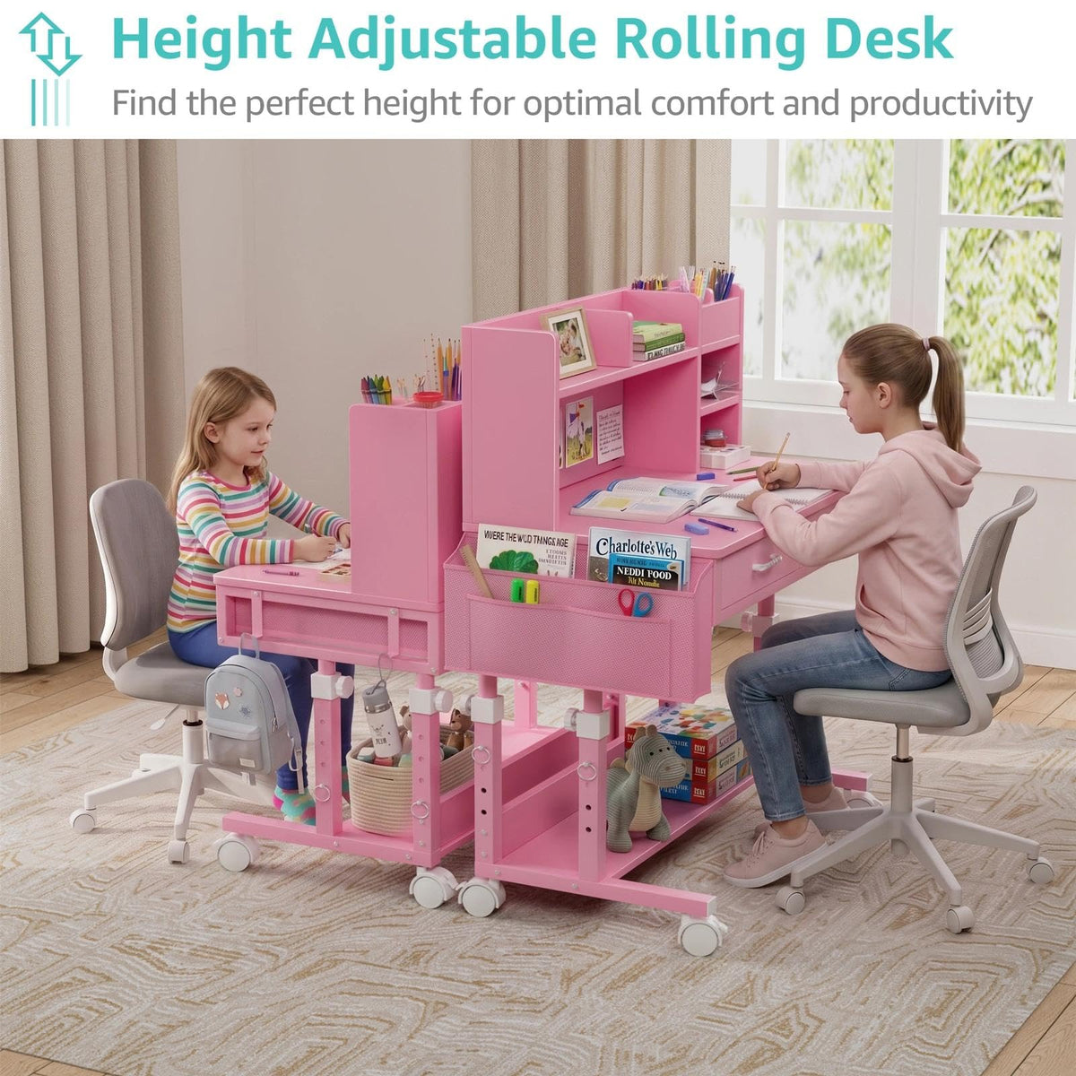 Pink Kids Desk with Hutch, 32" Height Adjustable Mobile Rolling Girls Desk