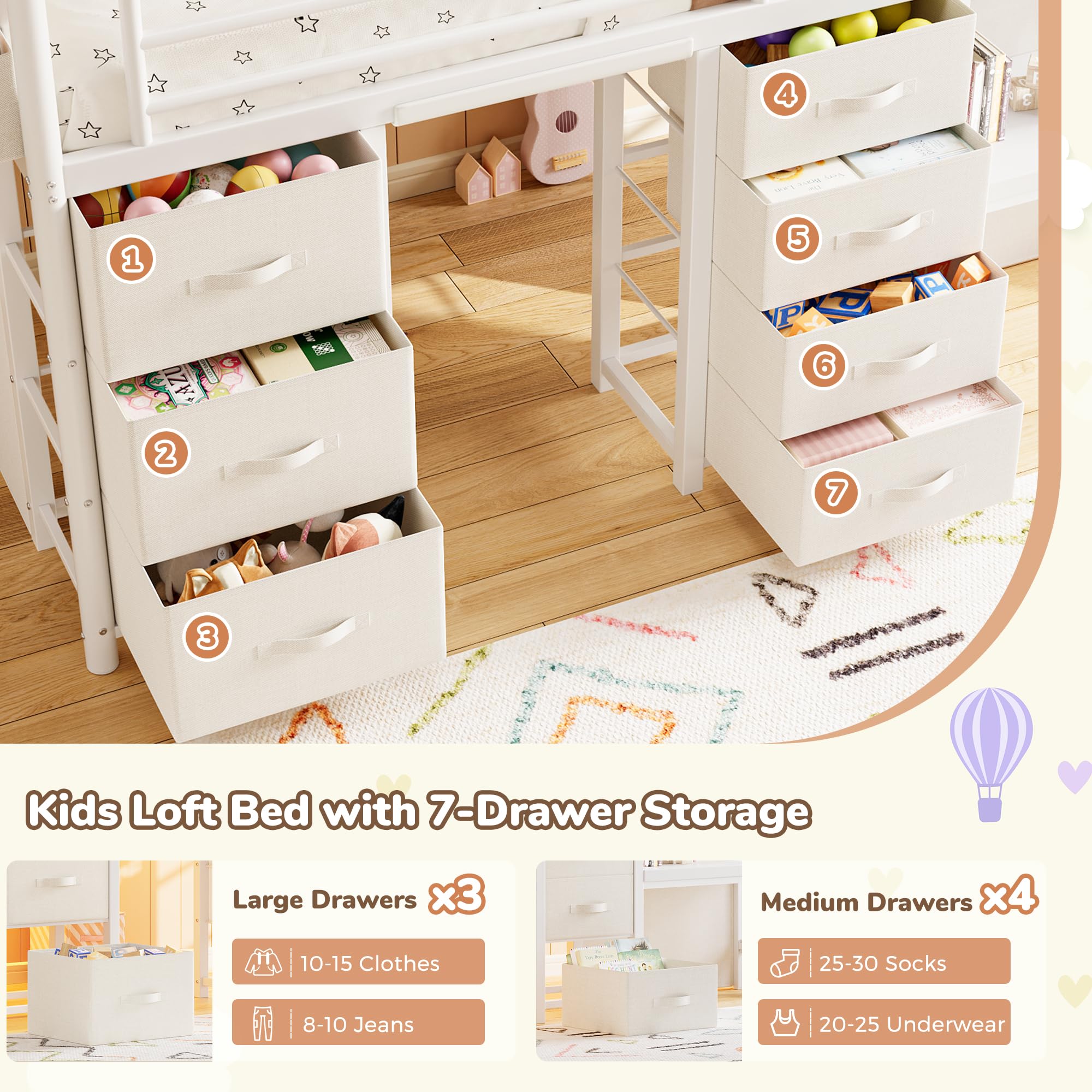 Kids Twin Low Loft Bed with Storage Drawers, Desk & LED Lights