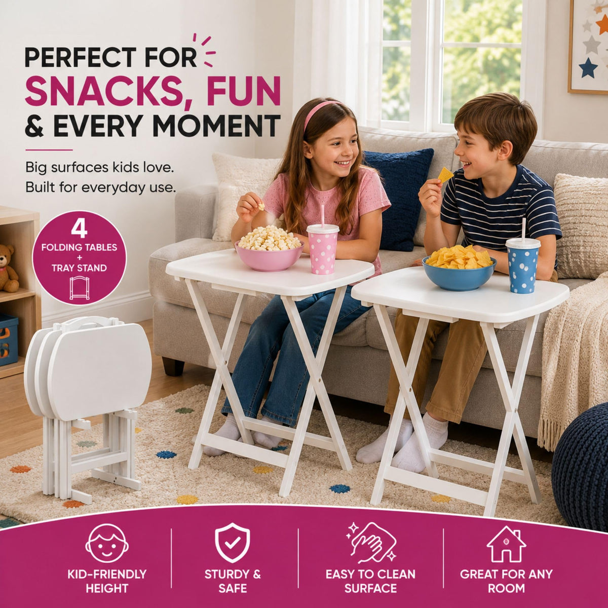 Oakestry Corbett 4 Piece Oversized Snack Tables with Tray Stand Folding TV Tray Set Portable Space Saving Sofa Side Tables Durable Wood Construction Modern White Finish