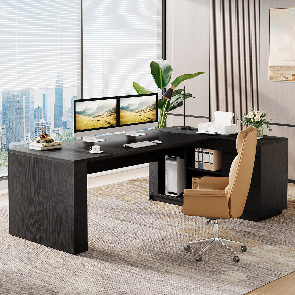 Tribesigns 78" L Shaped Executive Desk with Drawers, Large Office Computer Desk with Cabinet and Storage Shelves, Modern Business Furniture Sets Workstation for Home Office(Gray&Black)