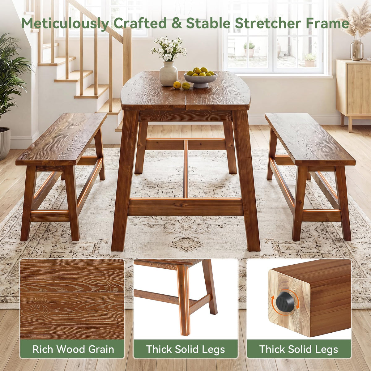 Tribesigns 55-Inch Farmhouse Solid Wood Dining Table Set with 2 Benches