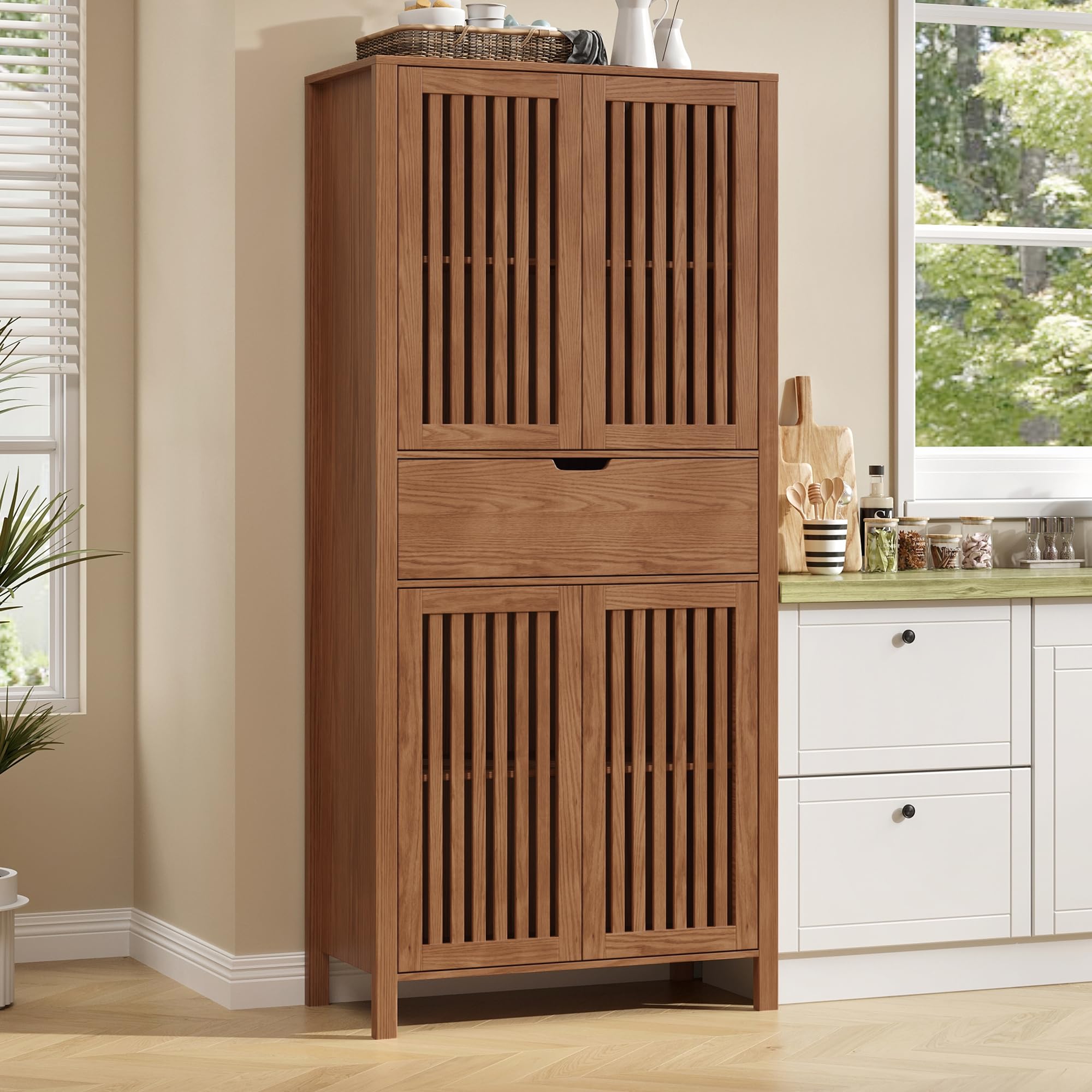 BVIUNTWO 69" Tall Farmhouse Storage Cabinet with Drawer & Adjustable Shelves, Grille Door Organizer Unit, Anti-Tip Design for Bathroom, Kitchen, Living Room, Rustic Brown