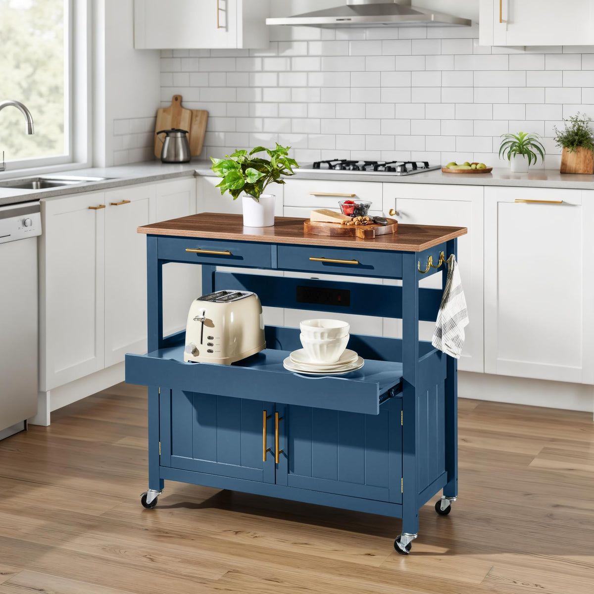 Best Choice Products 36in Large Rolling Kitchen Island Cart, 2-Door Cabinet, 2 Drawers, Pull-Out Shelf, Power Outlet, Hooks, & Swivel Lockable Wheels - Slate Blue