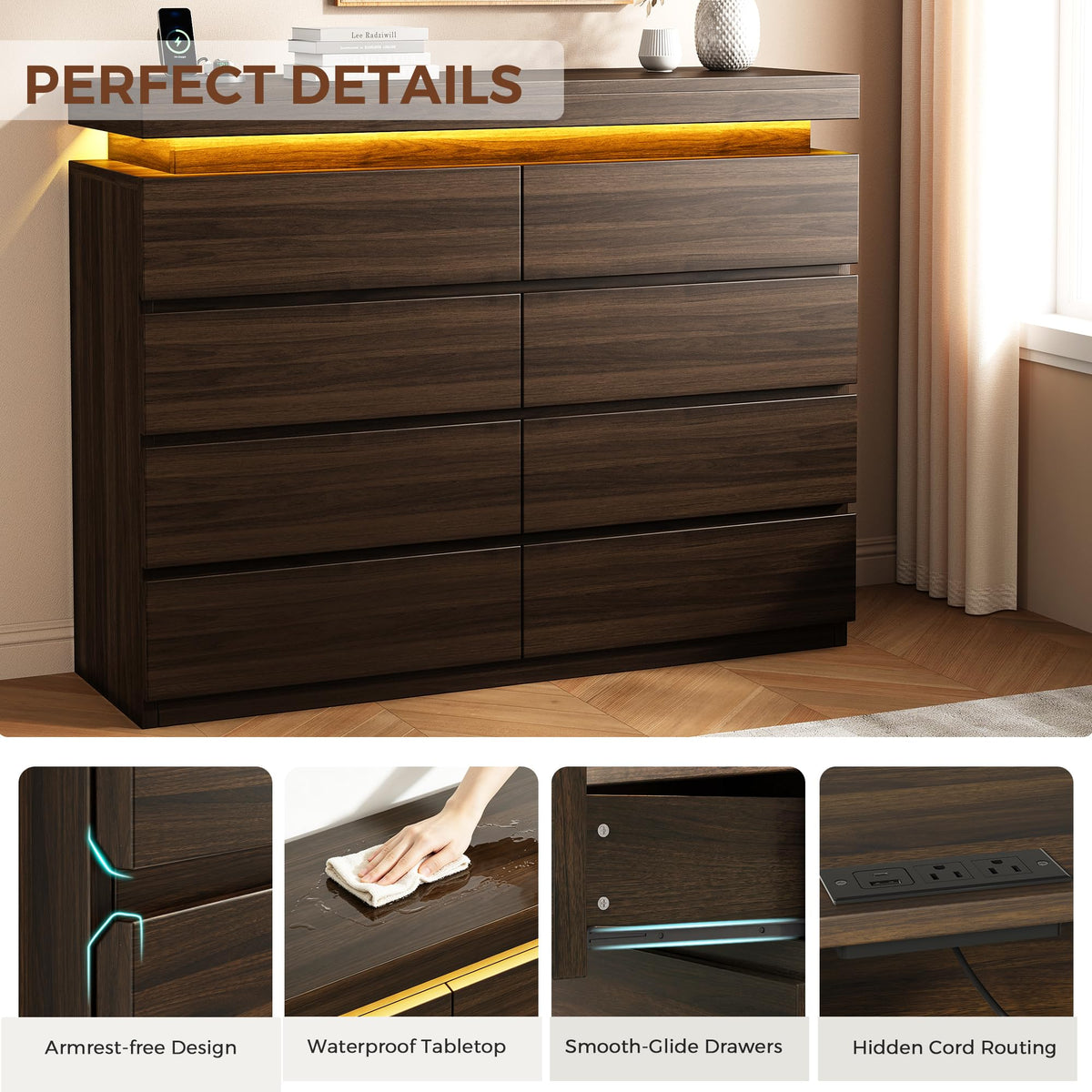 8 Drawer Dresser with LED Lights and Charging Station, Modern Brown Dresser