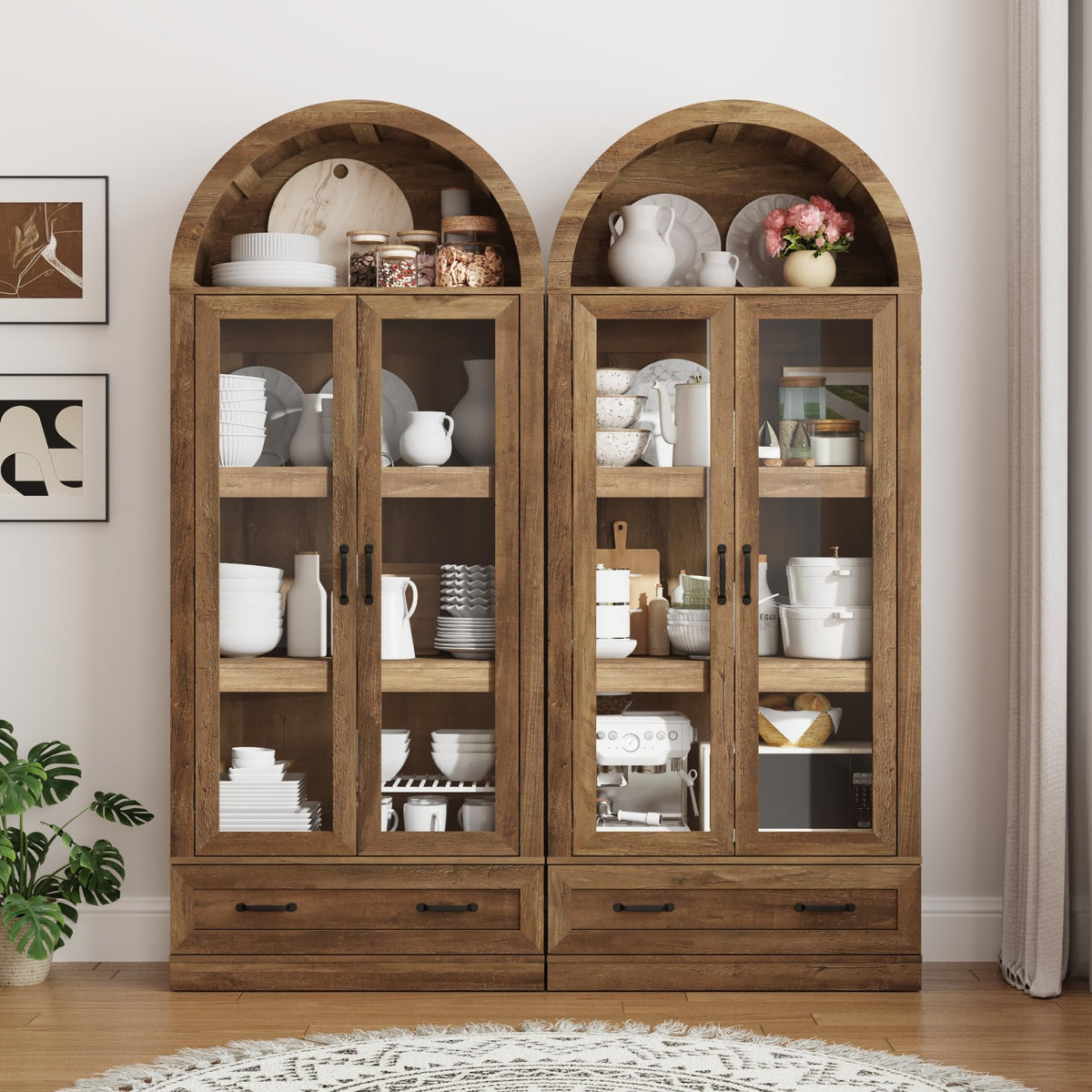 75" Tall Arched Kitchen Pantry Cabinet w Load-Bearing Steel Pipe,Modern Farmhouse Kitchens Storage Cabinet with Drawer and Glass Doors,Tall Arched Bookcase,Pantry Organizer for Living Room(Natural)