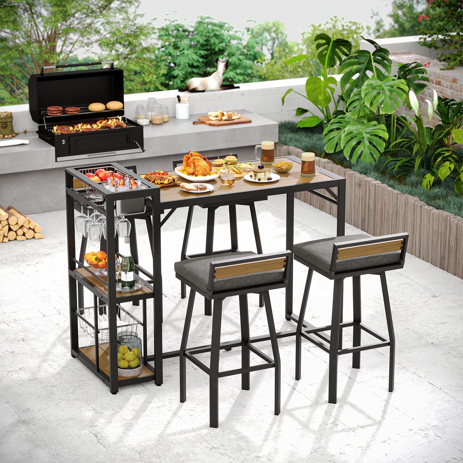 5-Piece Outdoor Patio Bar Set with Storage Shelves & Swivel Stools