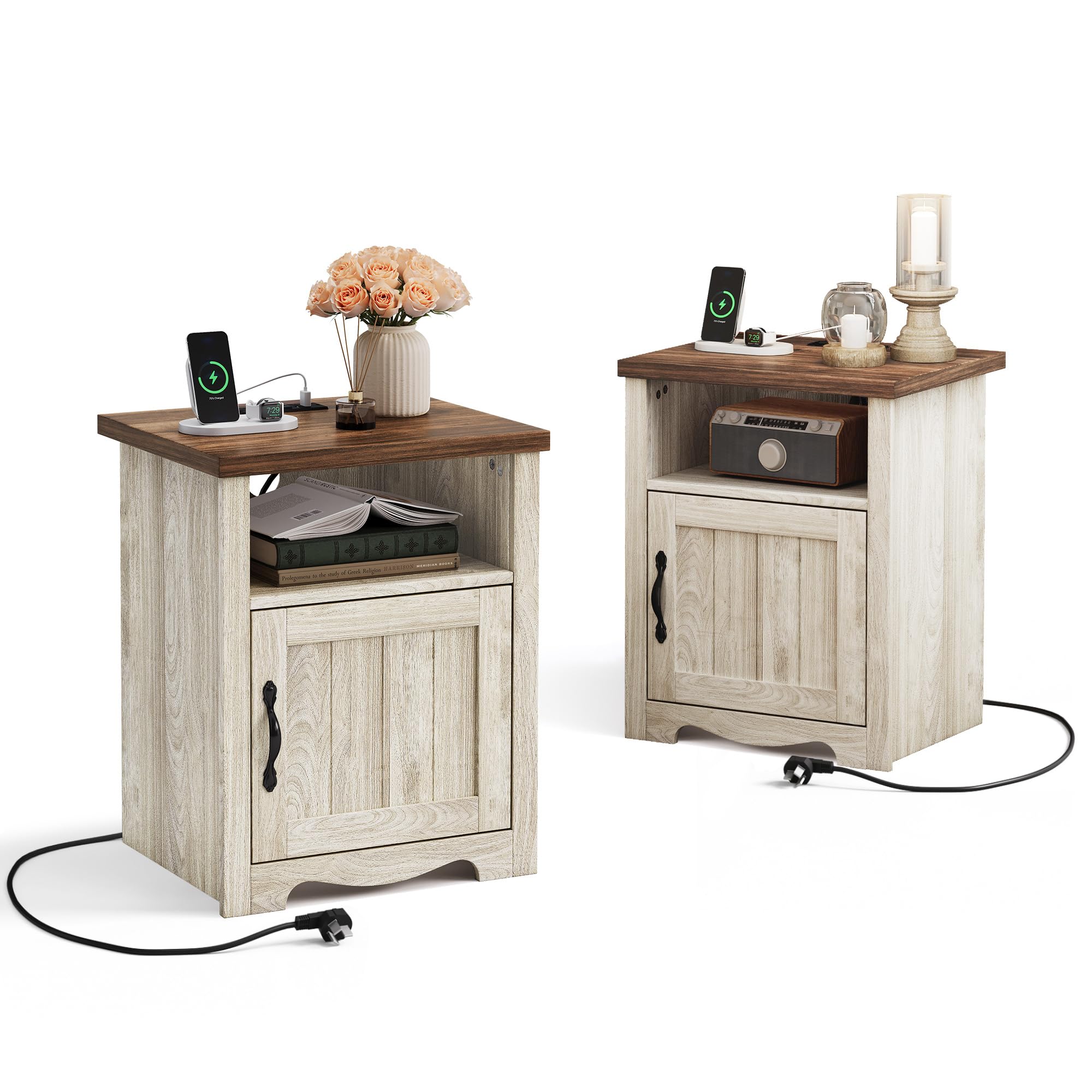 LINSY Farmhouse Night Stand Set of 2, 18.9” Wood End Table with Charging Station, Side Table for Bedroom, Living Room, Couch with USB Ports and Outlets, Nightstand with Storage, Beige