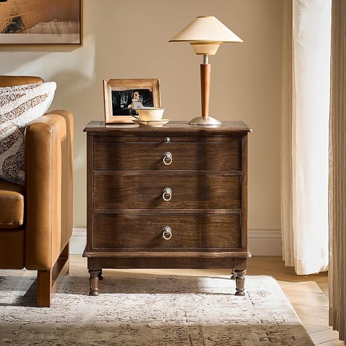 Solid Wood End Table with Charging Station & 3 Drawers