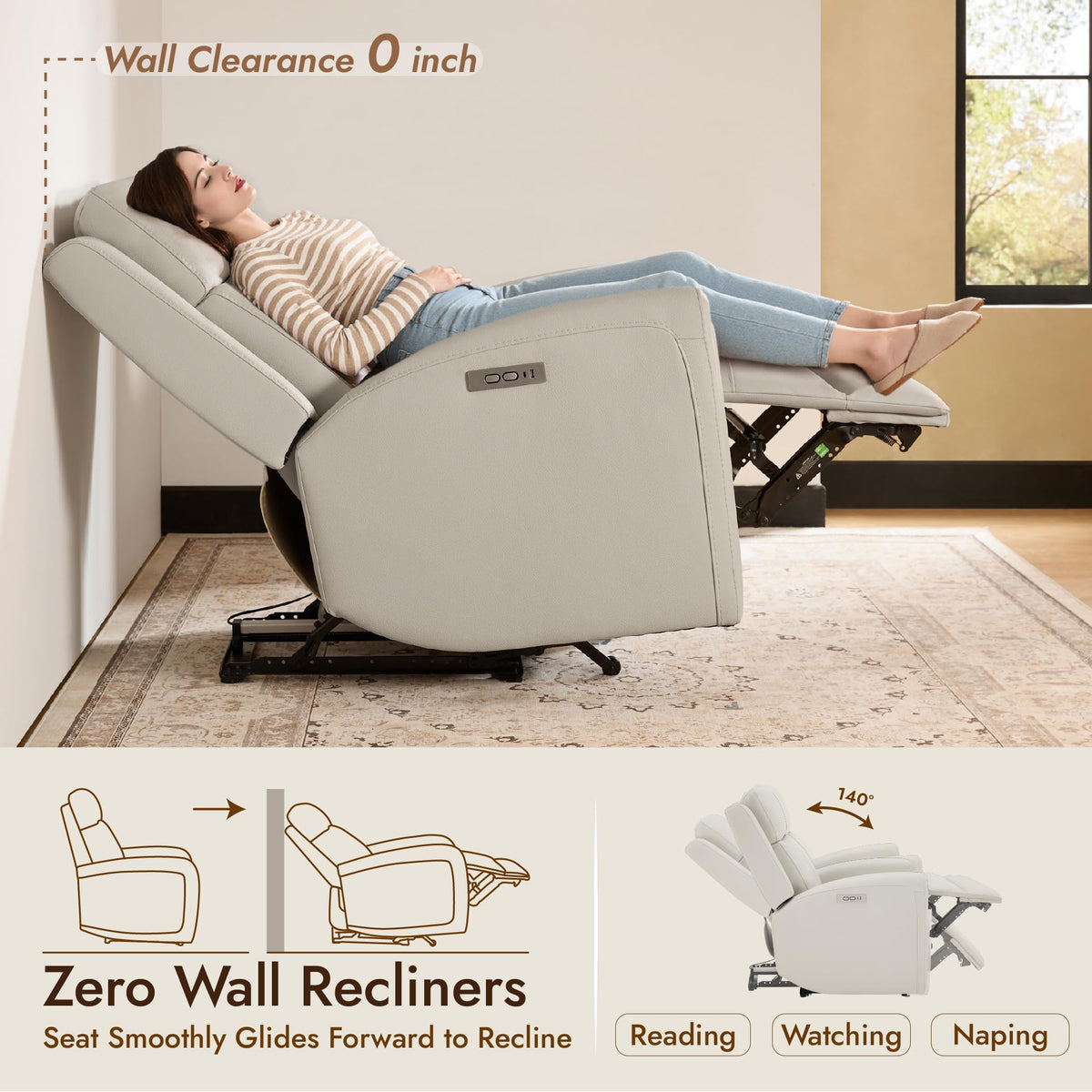 Watson & Whitely Zero Wall Power Recliner Chair for Small Spaces, Cream