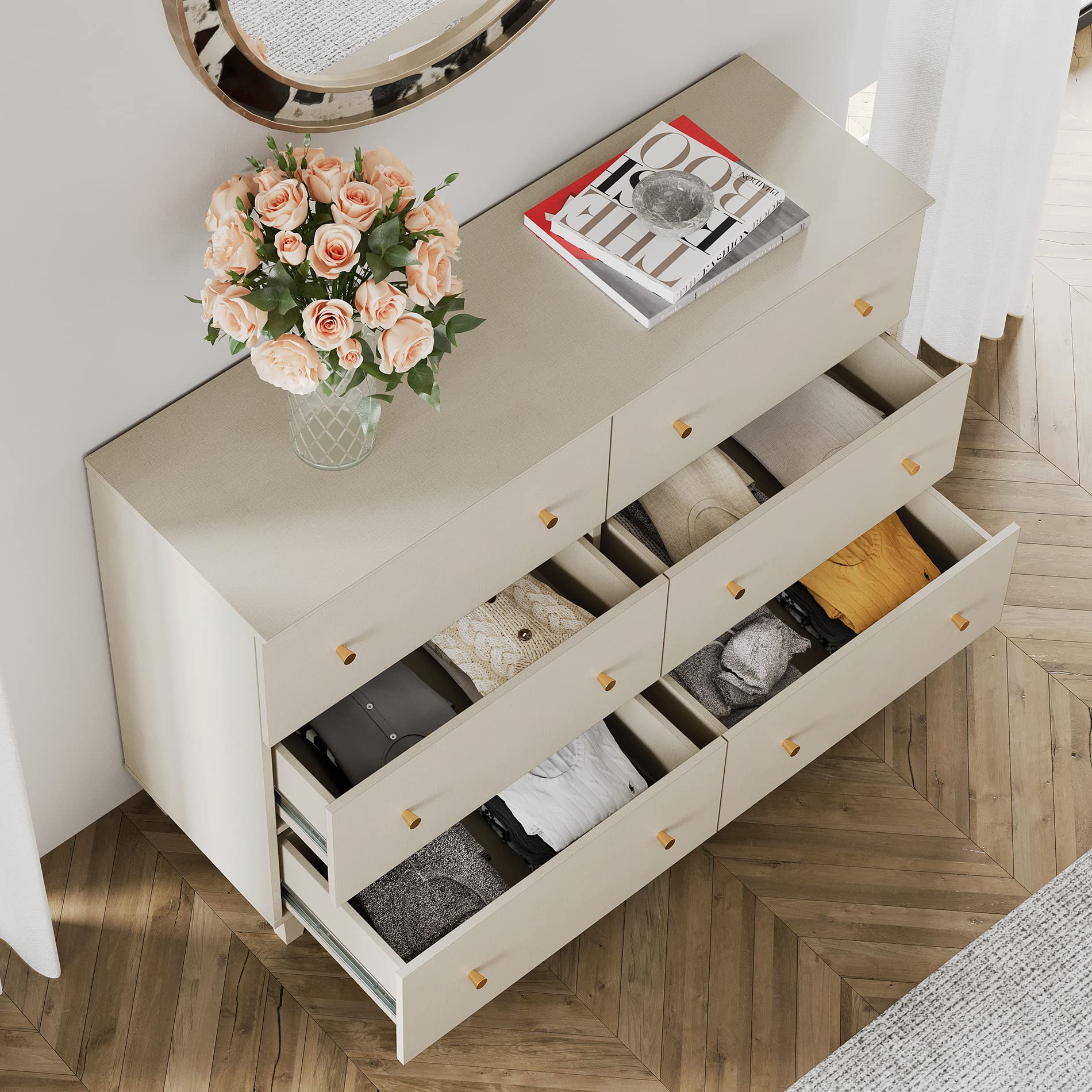 WAMPAT Set of 2 Bedroom Dressers with 12 Drawers, 2-in-1 Extra Wide Chest of Drawers, Modern Storage Organizer with Solid Wood Legs for Closet, Living Room, Hallway, Nursery, Beige Faux Linen Finish