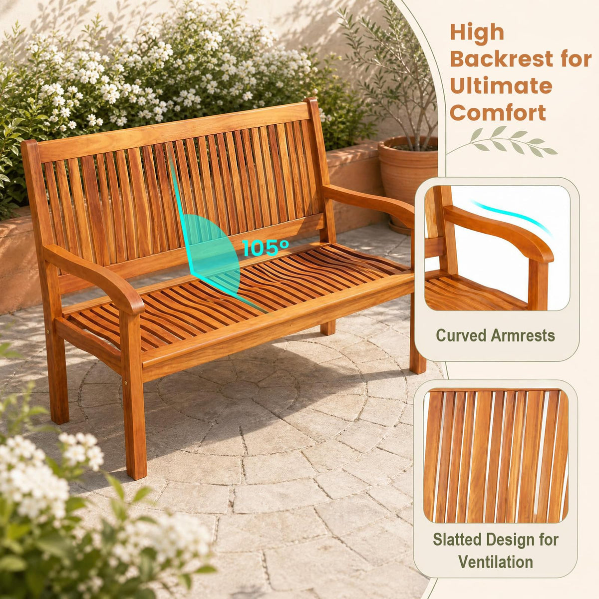 COSTWAY Wooden Bench Outdoor, Curved Armrest & Backrest, Teak Colored