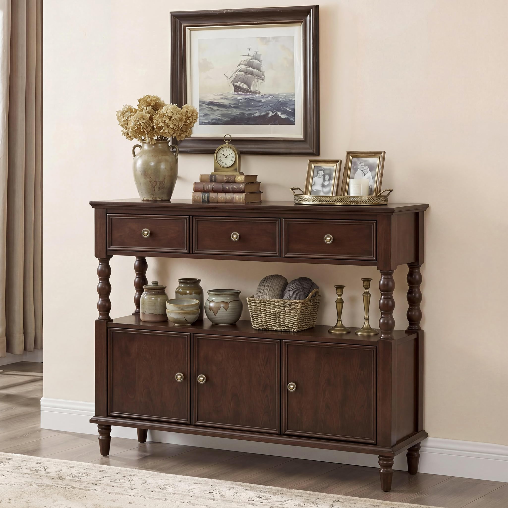 Solid Wood Console Table with Drawers & Cabinet