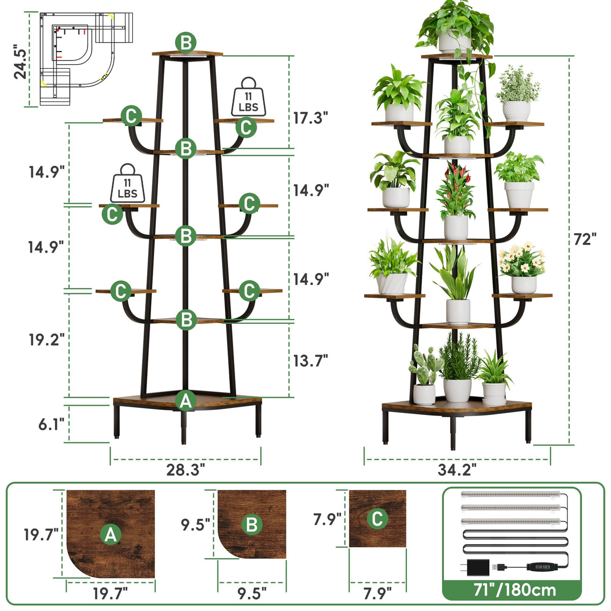 8-Tier Corner Plant Stand with Grow Light