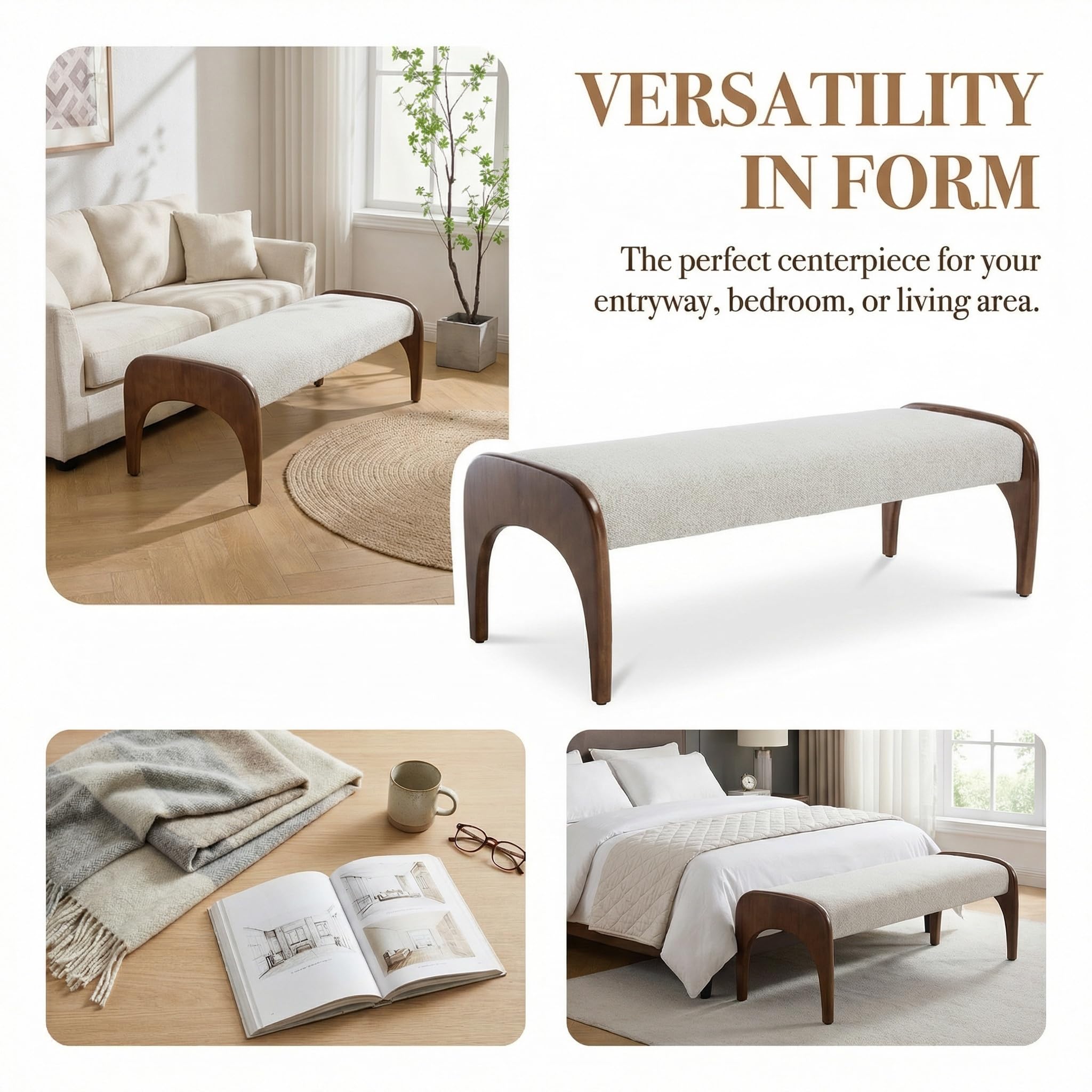 Upholstered Long Bench with Solid Wood Legs