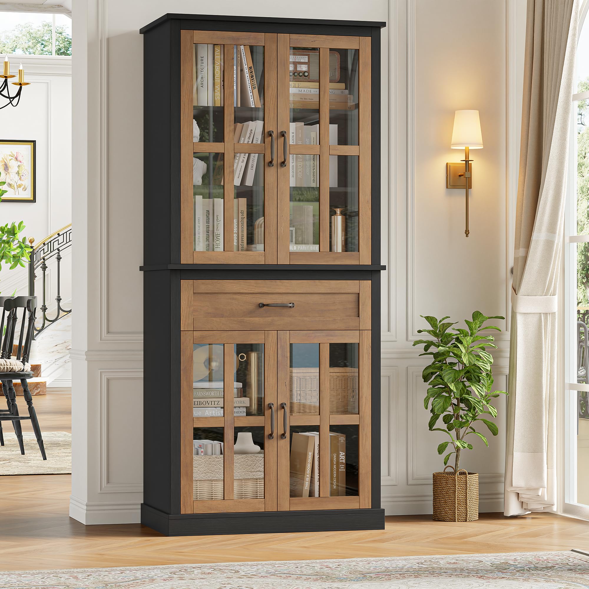 Tall Kitchen Pantry Cabinet with Glass Doors & Drawer