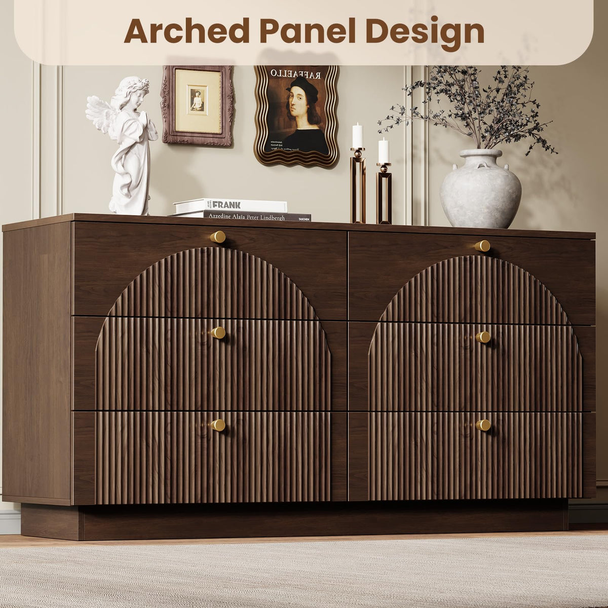 Herihome Arched Fluted Dresser for Bedroom with 6 Drawers 55" Wide Walnut