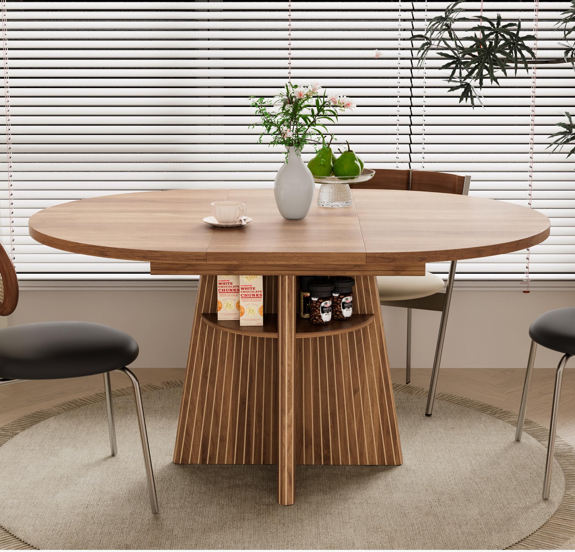 43.3in-59in Extendable Dining Room Table for 4-8, Round Expandable Kitchen Table with Fluted Base, Modern Oval Dinner Tables with 4 Storage Shelves for Kitchen Living Room (Walnut, 43.3in)