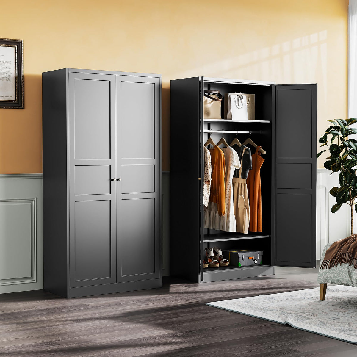 Steel Wardrobe Cabinet with Hanging Rod