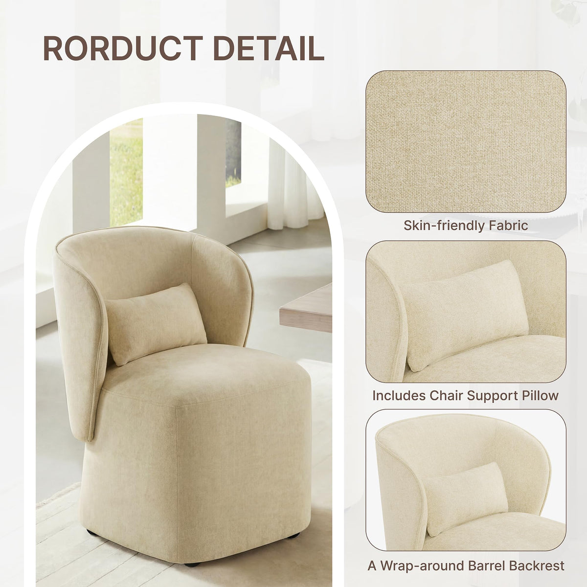 KISLOT Upholstered Dining Chairs with Wheels, Easy Assembly Stain Resistant Fabric Modern Barrel Armchair with Lumbar Cushion, Dining Room Chairs for Kitchen Living Room Bedroom, Sand, Set of 4
