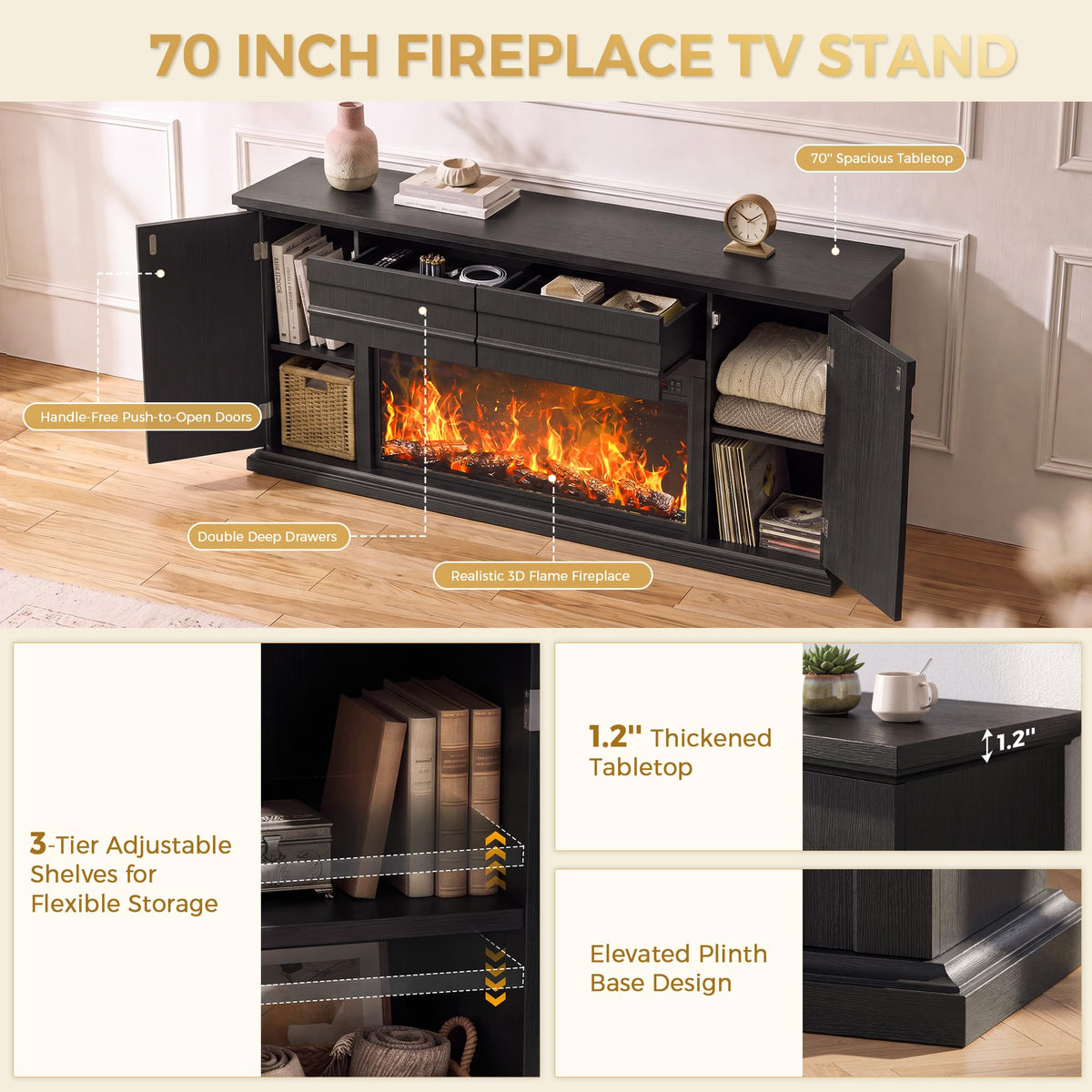 MapleGrace 70" Farmhouse Fireplace TV Stand with 36" Fireplace, Black