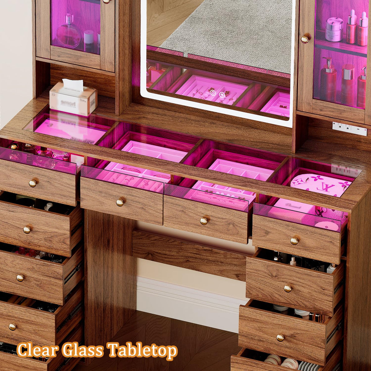 Chrangmay 47" Big Modern Vanity Desk with Mirror and Lights,Makeup Vanity Desk with 12 Drawers and Two PGB Storage cabinets & Power Outlet, Dressing Table with Glass Top, Walnut