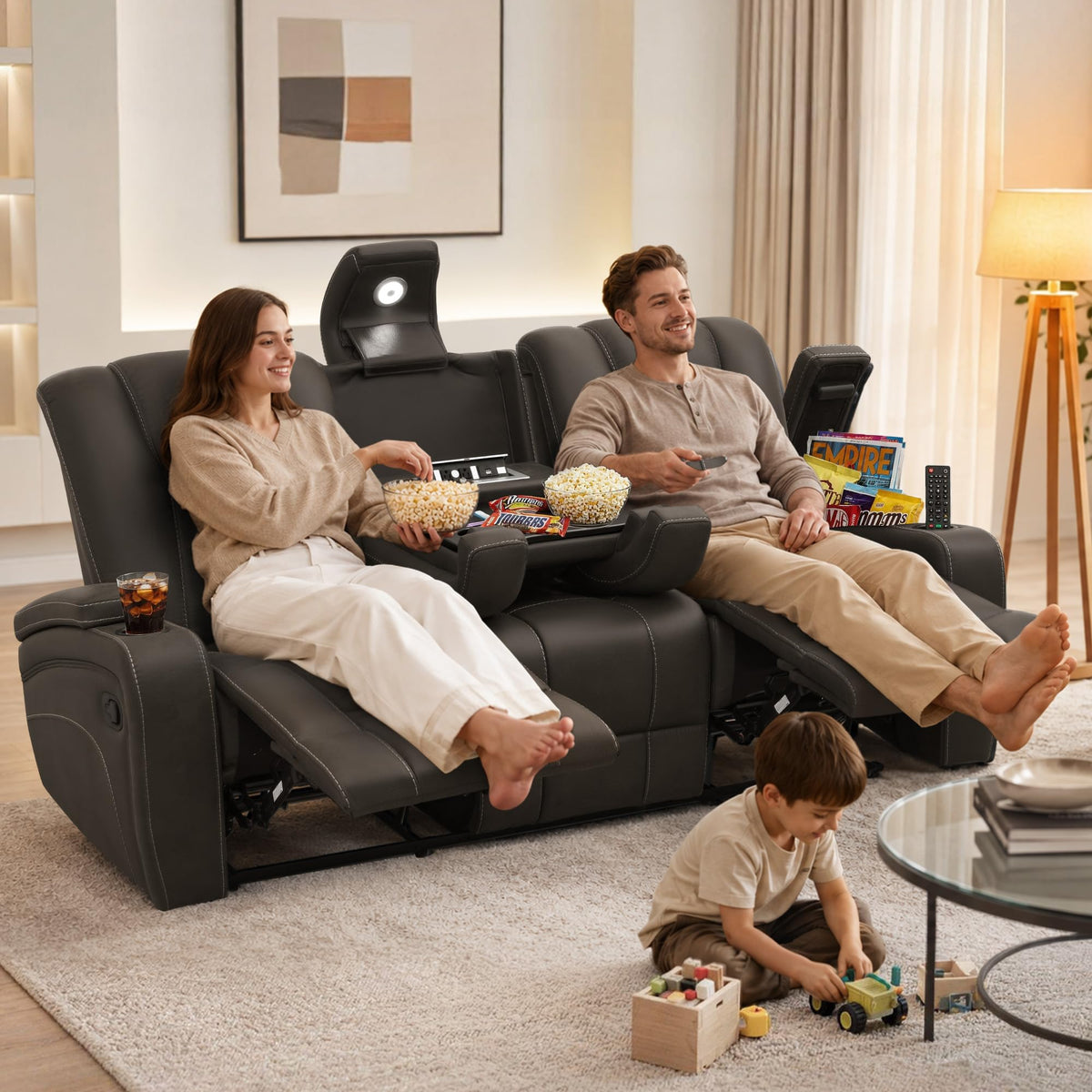 Oversized Recliner Sofa, Ergonomic 3-Seat Home Theater Seating