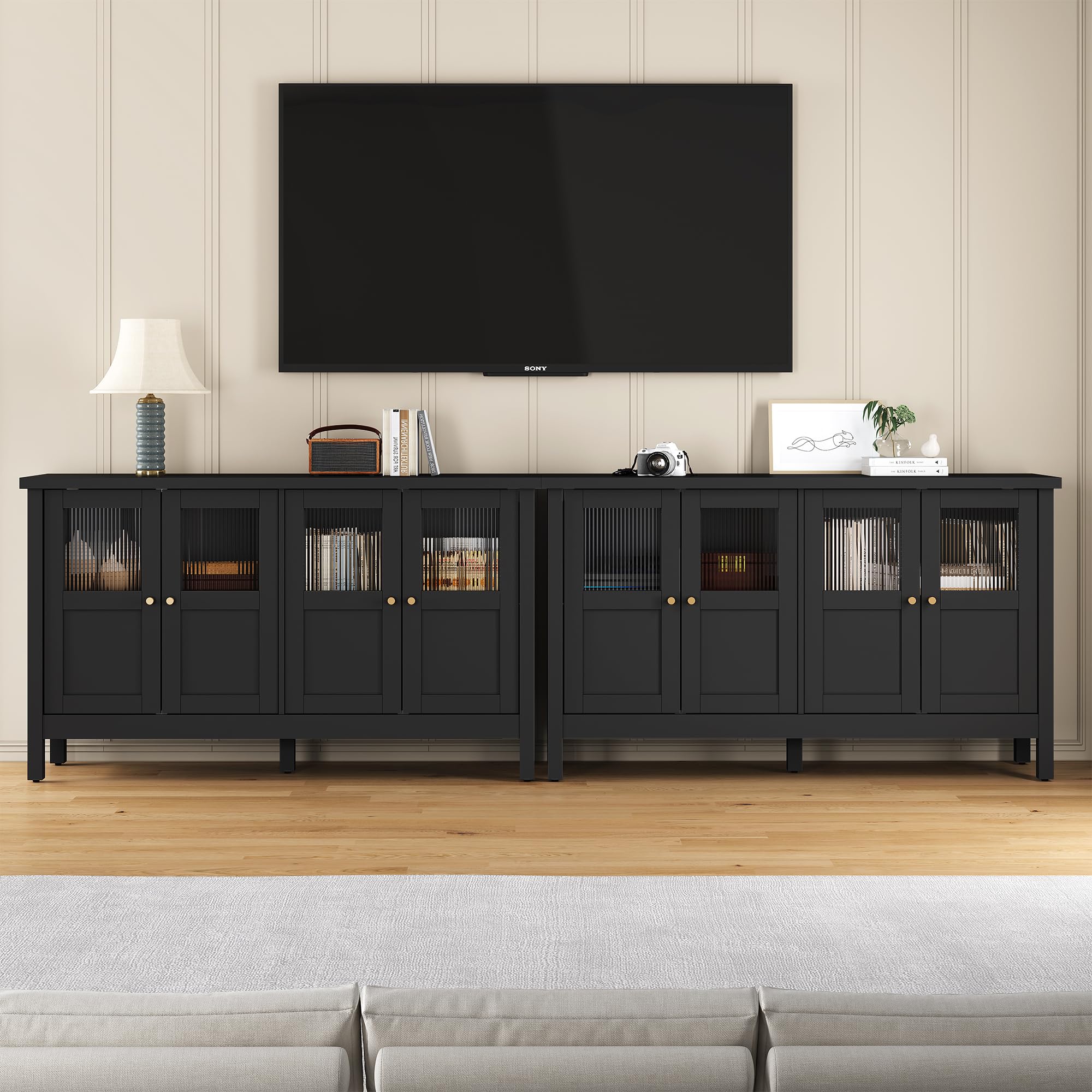 RoyalCraft Buffet Cabinet with Storage, Modern Sideboard with 4 Acrylic Doors & Adjustable Shelves, Wood Credenza Accent Coffee Bar Table for Kitchen, Dining Room, Living Room, Entryway, Black