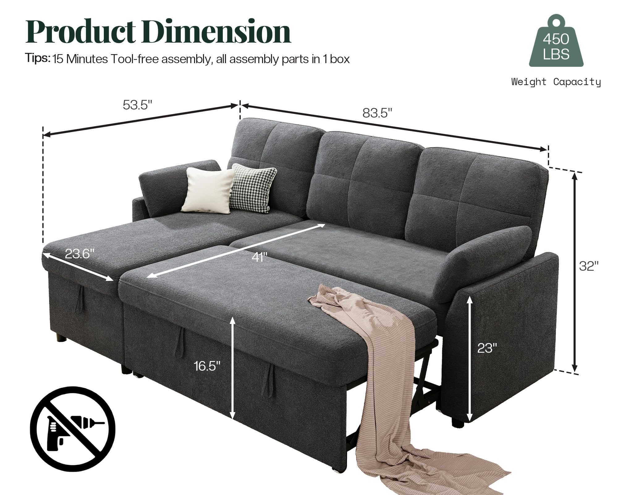 Jocisland L Shaped Sofa Bed, Sleeper Sofa with Storage Chaise, Convertible Couch Bed with Pull Out Couch for Living Room, Linen Gray