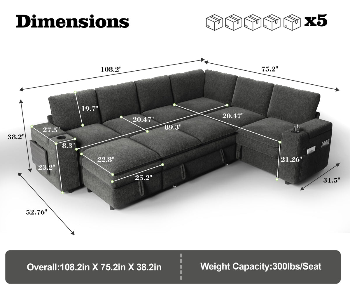 Vipbear Modular Sectional Cloud Sofa with Pull Out Bed,Sleeper Couch,Gray