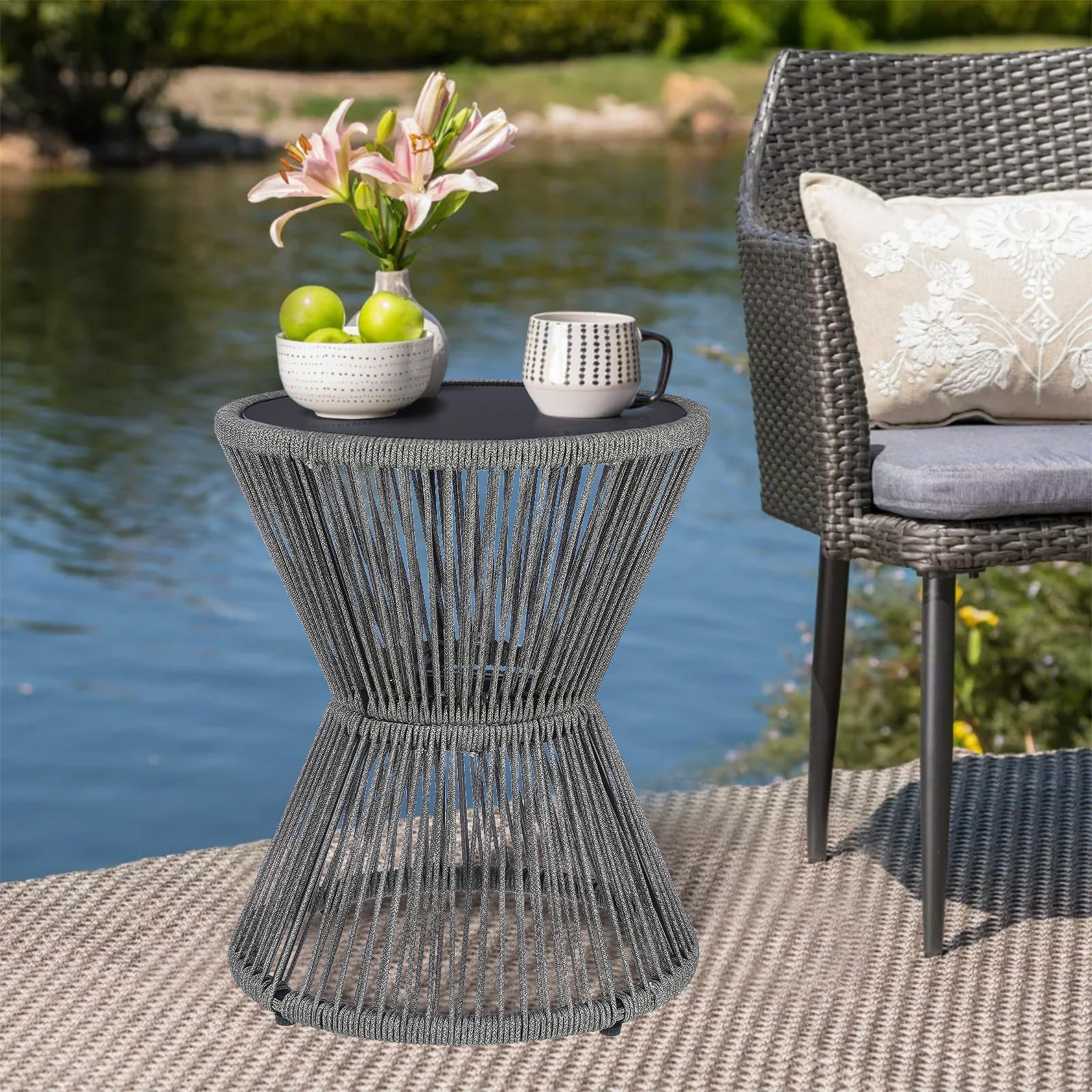 Woven Rope Outdoor Side Table with Glass Top