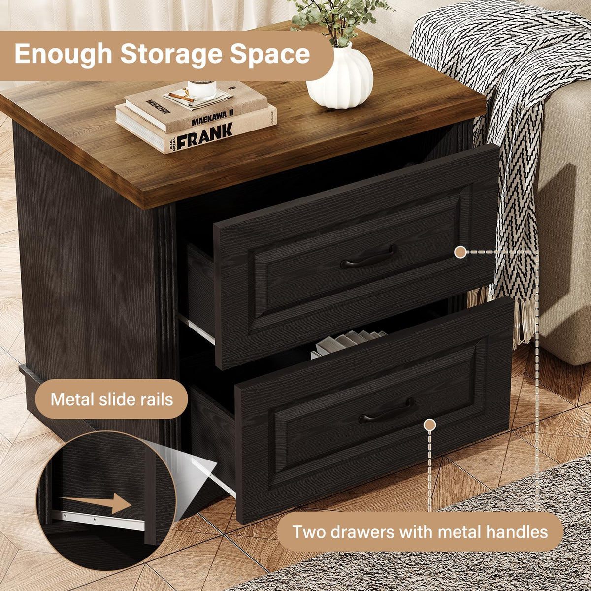 24" Wide Farmhouse Nightstand, Large End Table with 2 Drawers, Black